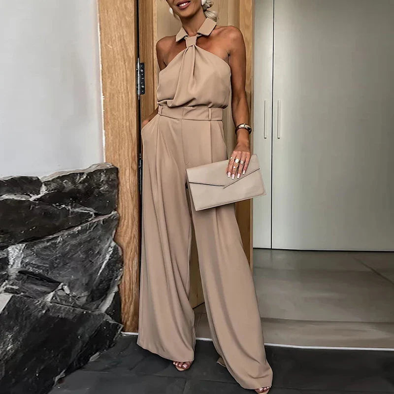 Elegant Solid Color Sleeveless Pocket Jumpsuit for Women - High Waist Off Shoulder Romper with Lapel | Summer Commute & Casual Outfit | Slim Fit Playsuit for Beach, Party, and Office Wear