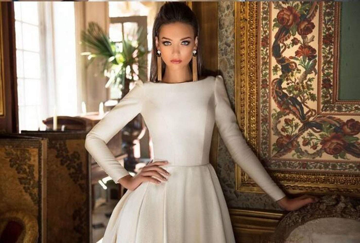 Emanni Women's A-Line Simple Wedding Dress Long Sleeves Boat Neck Satin Gown White - Elegant Bridal Gown for Church, Beach, and Formal Wedding Ceremonies