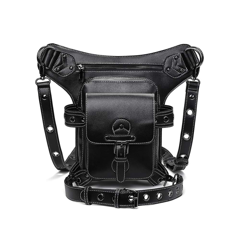 Vintage PU Leather Drop Leg Waist Bag - Waterproof Fanny Pack for Hiking, Camping, Cycling & Travel - Adjustable Hip Belt Messenger Bag (Black, WP-BG062) - Perfect for Outdoor Adventures, Concerts & Daily Use