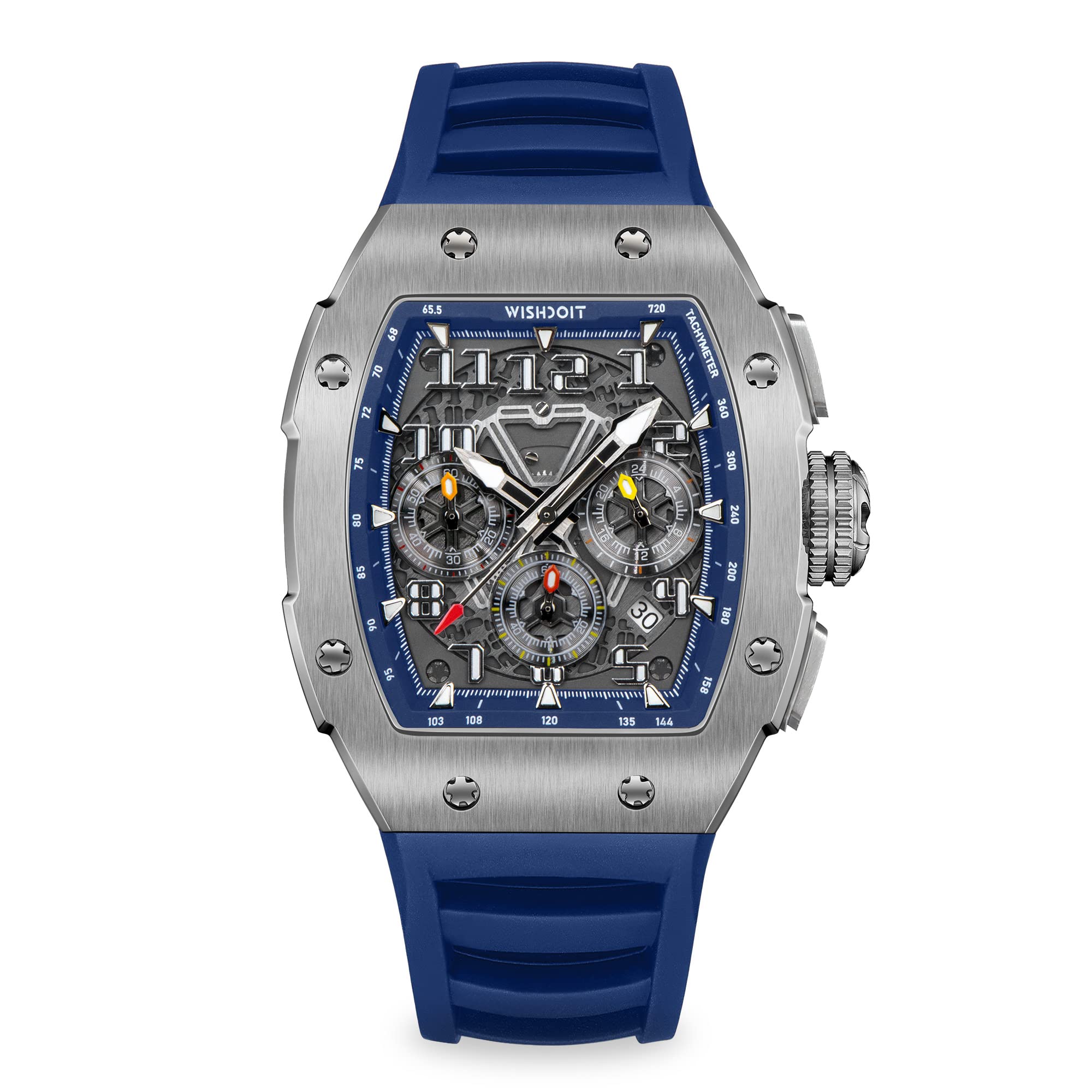WISHDOIT GT Chronograph Men's Luxury Tonneau Watch with Date Calendar, Luminous Hands, 100M Waterproof, FKM Rubber Strap - Sport, Dress & Casual Wristwatch for Everyday Wear, Business Meetings & Outdoor Activities
