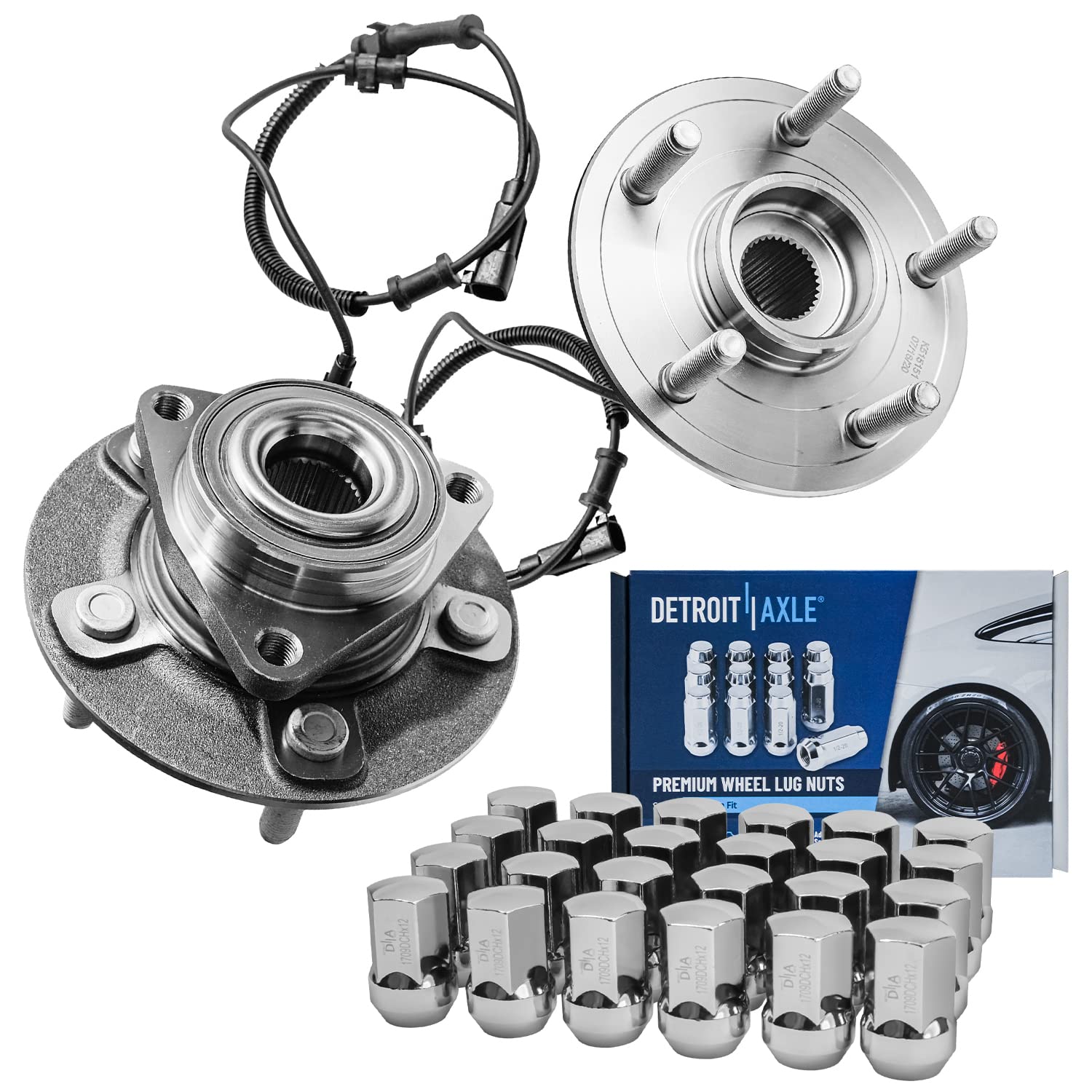 Detroit Axle Front Wheel Bearing & Hub Assembly Kit for 2012-2018 Ram 1500 - 2 Wheel Bearings, 24 Lug Nuts - Replacement for 12-18 Dodge Ram 1500 2WD/4WD - Perfect for Off-Roading, Towing & Daily Driving