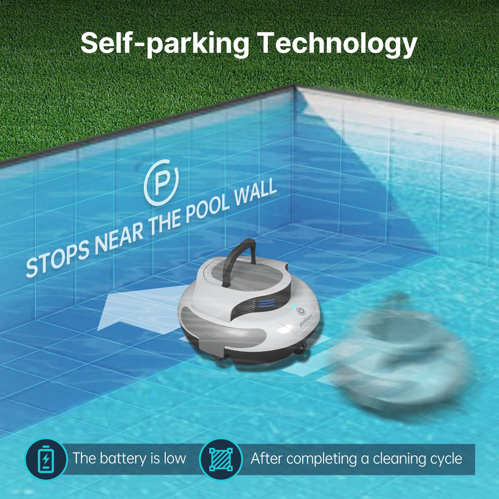 POOLPURE Cordless Robotic Pool Vacuum Cleaner - 2 Hour Runtime, Self-Parking, Dual-Motor, Automatic for In-Ground & Above Ground Pools up to 40ft | Perfect for Weekly Pool Maintenance & Leaves-Free Cleaning