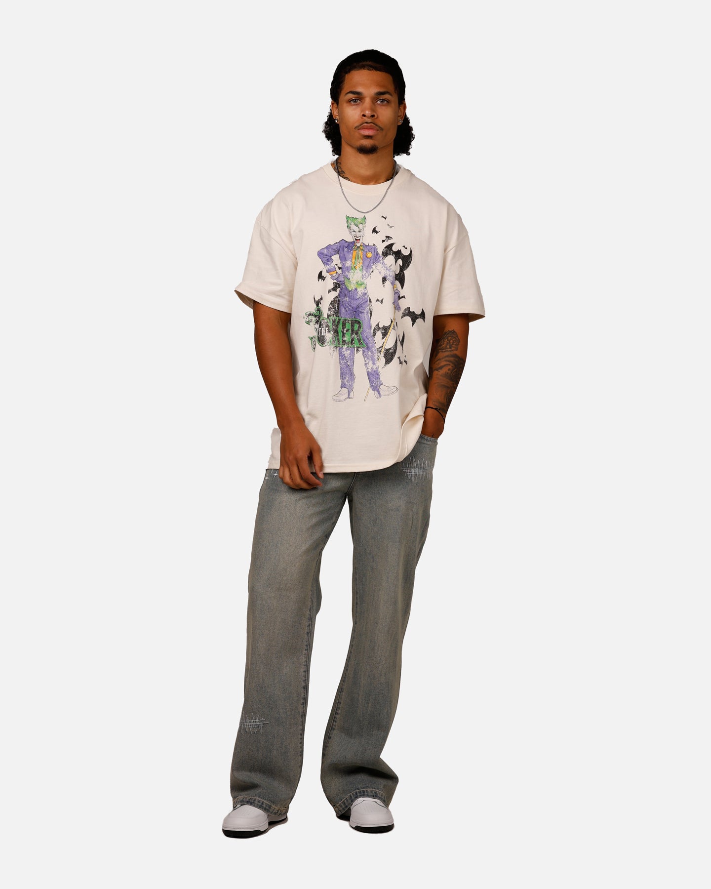 American Thrift DC Comics Batman The Joker Cane Graphic Heavyweight Cotton T-Shirt - Off White | Superhero & Comic Book Fan Apparel for Cosplay, Halloween & Casual Wear