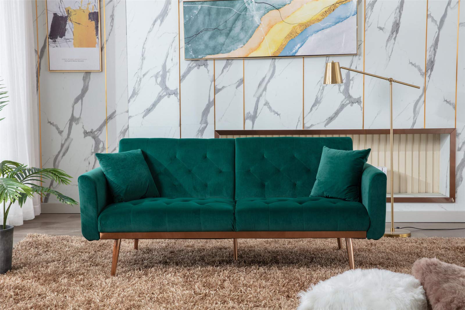 Velvet Futon Sofa Bed - Convertible Sleeper Sofa with 5 Golden Metal Legs & 2 Pillows - Modern Accent Loveseat Recliner for Living Room, Bedroom, Guest Room - Perfect for Small Spaces & Studio Apartments (Green)