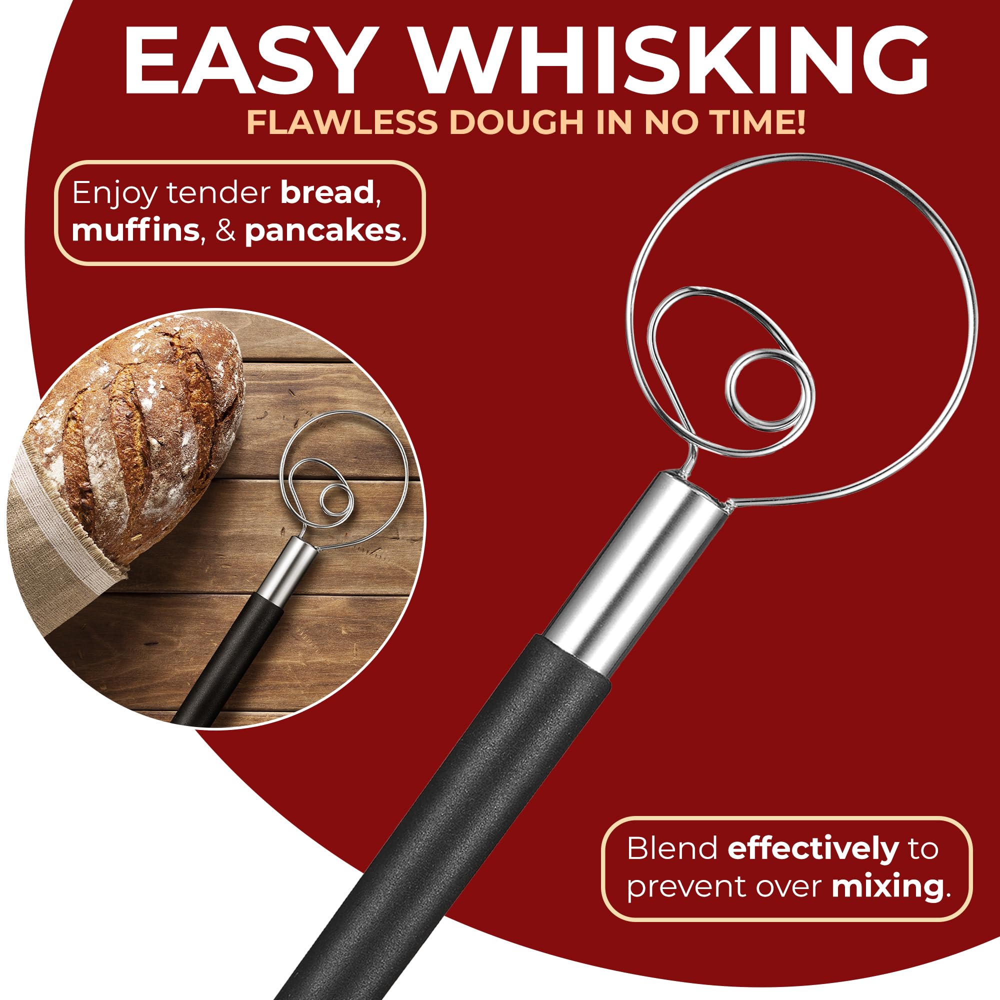 ORBLUE Danish Dough Whisk with Silicone Handle - Stainless Steel Mixing Tool for Baking Bread, Pastry & Cookies - Perfect for Kitchen, Home Baking & Professional Use (Rouge Red)
