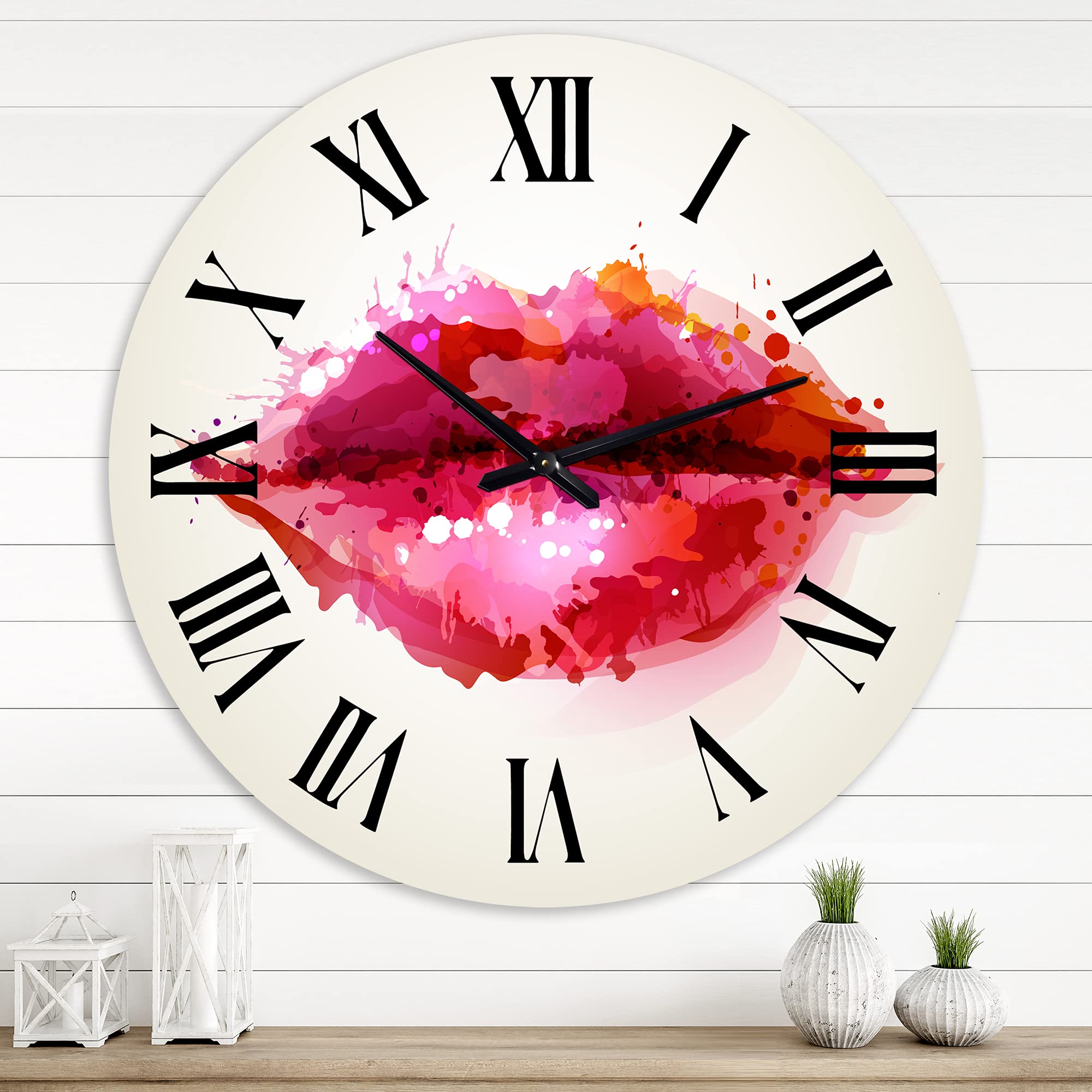 DesignQ Modern Abstract Red Lips Wall Clock - Large Decorative Wall Clock for Living Room, Bedroom, Office | Unique Home Decor Gift Idea
