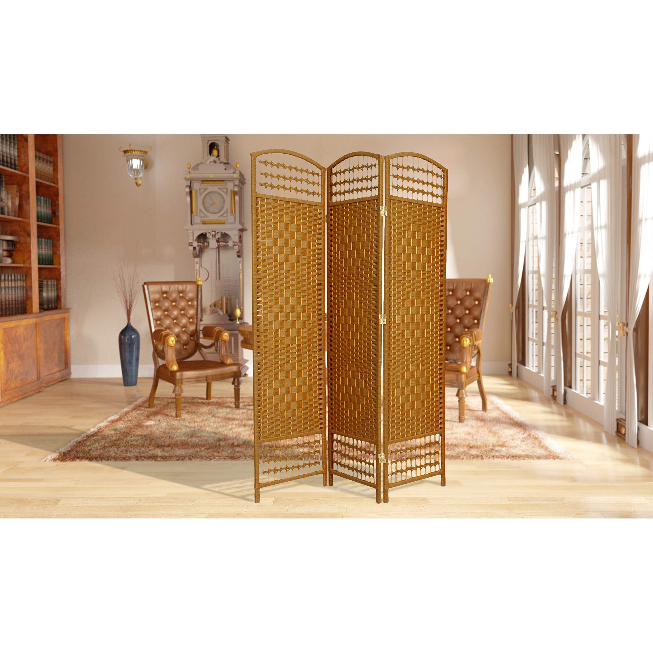 5.5 ft Tall Red Lantern Fiber Weave Light Beige 3-Panel Room Divider - Asian Inspired Decorative Screen for Living Room, Bedroom, or Office Privacy