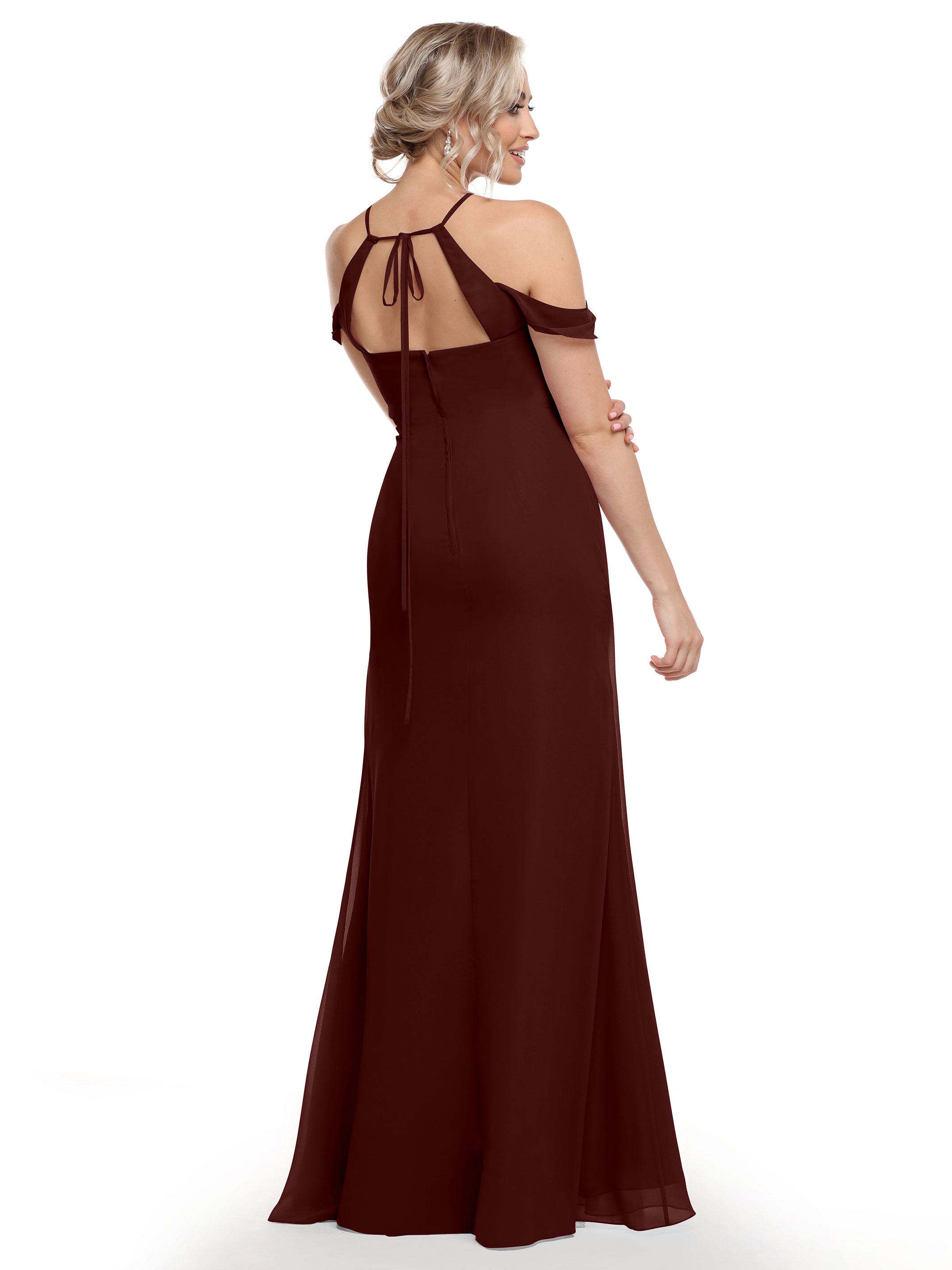 Elegant Off The Shoulder Chiffon Bridesmaid Dress with Halter Neckline - Perfect for Weddings, Formal Events & Special Occasions