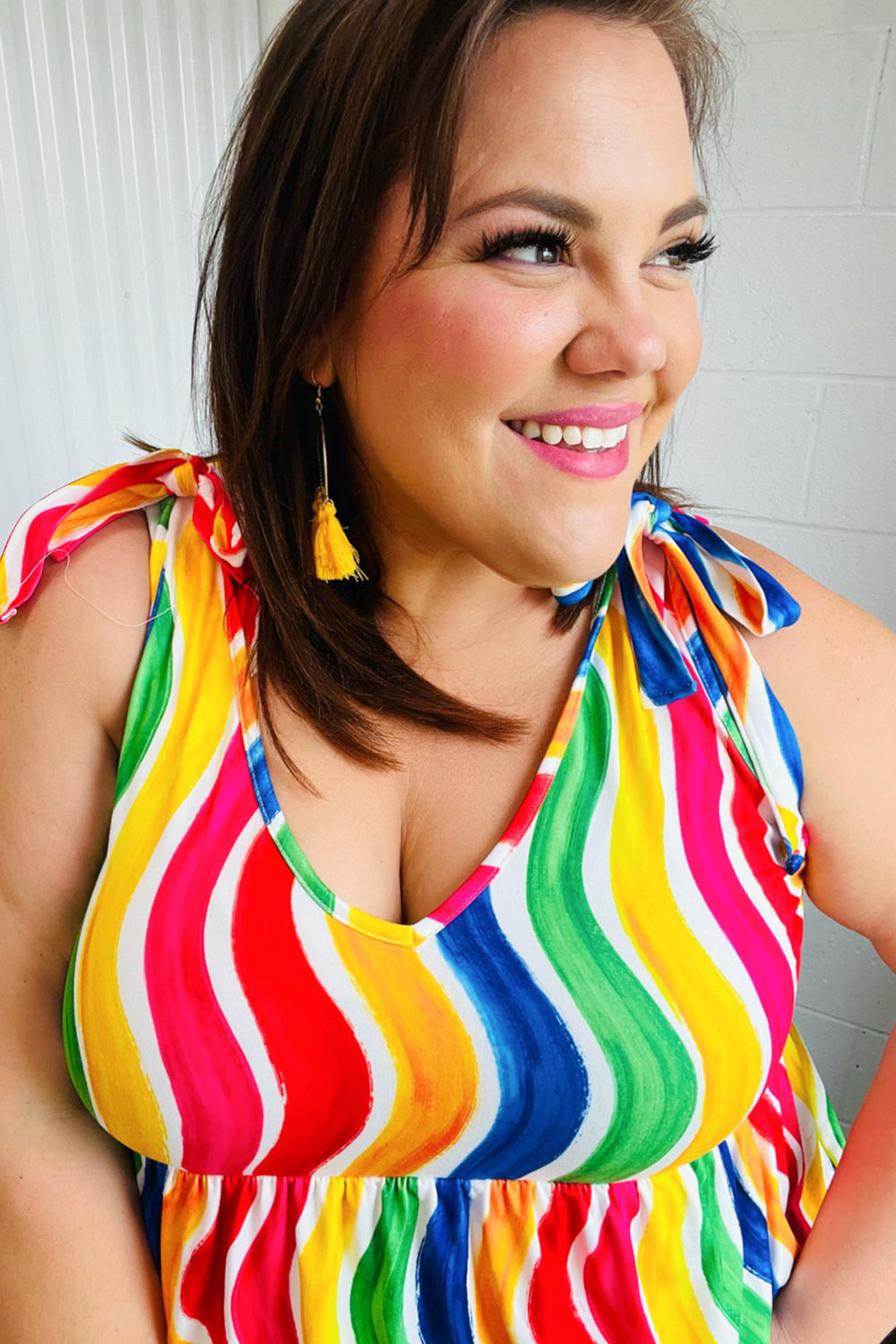 Trendy Multicolor Wavy Stripe Shoulder Tie Detail Blouse - Perfect for Summer Outfits, Beach Vacations & Casual Date Nights