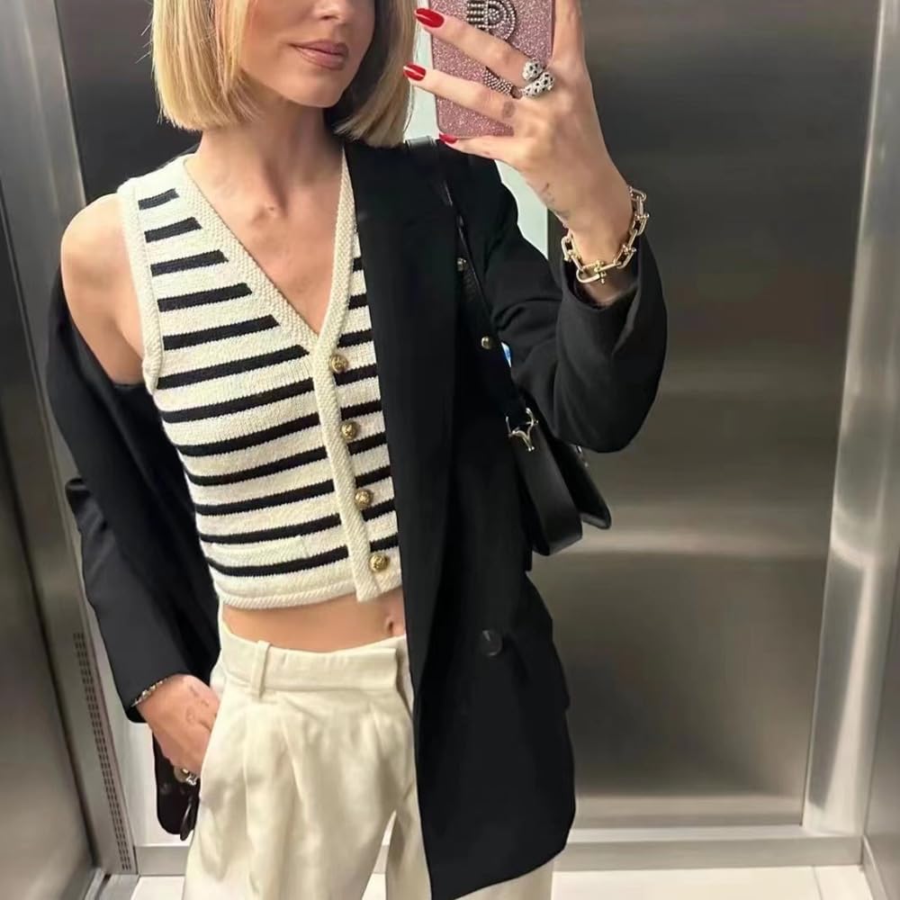 Women's Old Money Aesthetic Cropped Knit Sweater Vest - Striped V-Neck Tank Top for Women | Perfect for Layering, Office Wear & Vintage Fashion Outfits