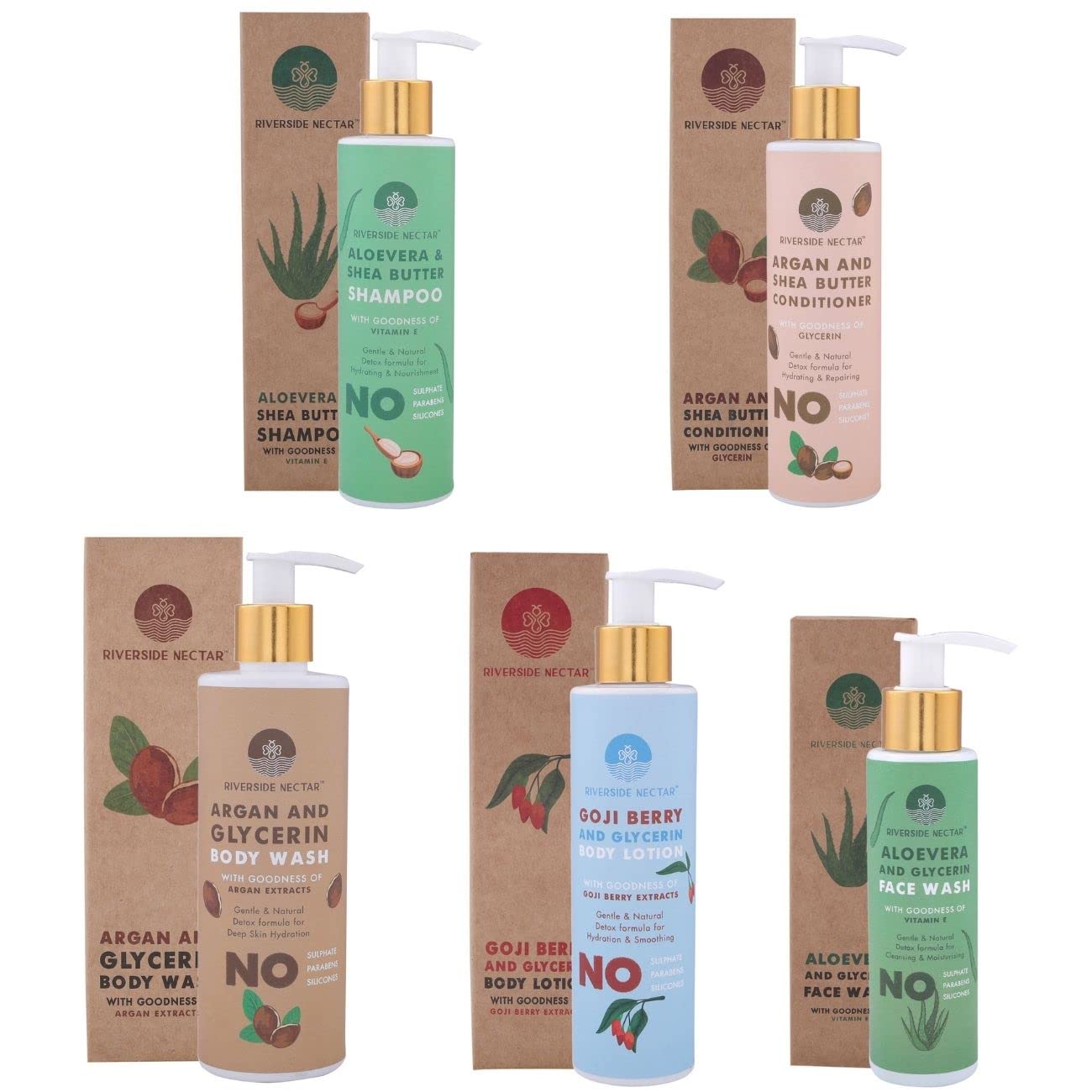**Riverside Nectar 5-Piece Skincare & Haircare Set - Aloe Vera Shampoo, Shea Butter Conditioner, Argan Body Wash, Goji Berry Lotion, Aloe Face Wash for Hydration & Repair – Perfect for Dry Skin & Damaged Hair Care**    *(Ideal for Daily Moisturizing, Hair Restoration, and Gentle Cleansing – Great for Home, Travel, or Spa Use!)*