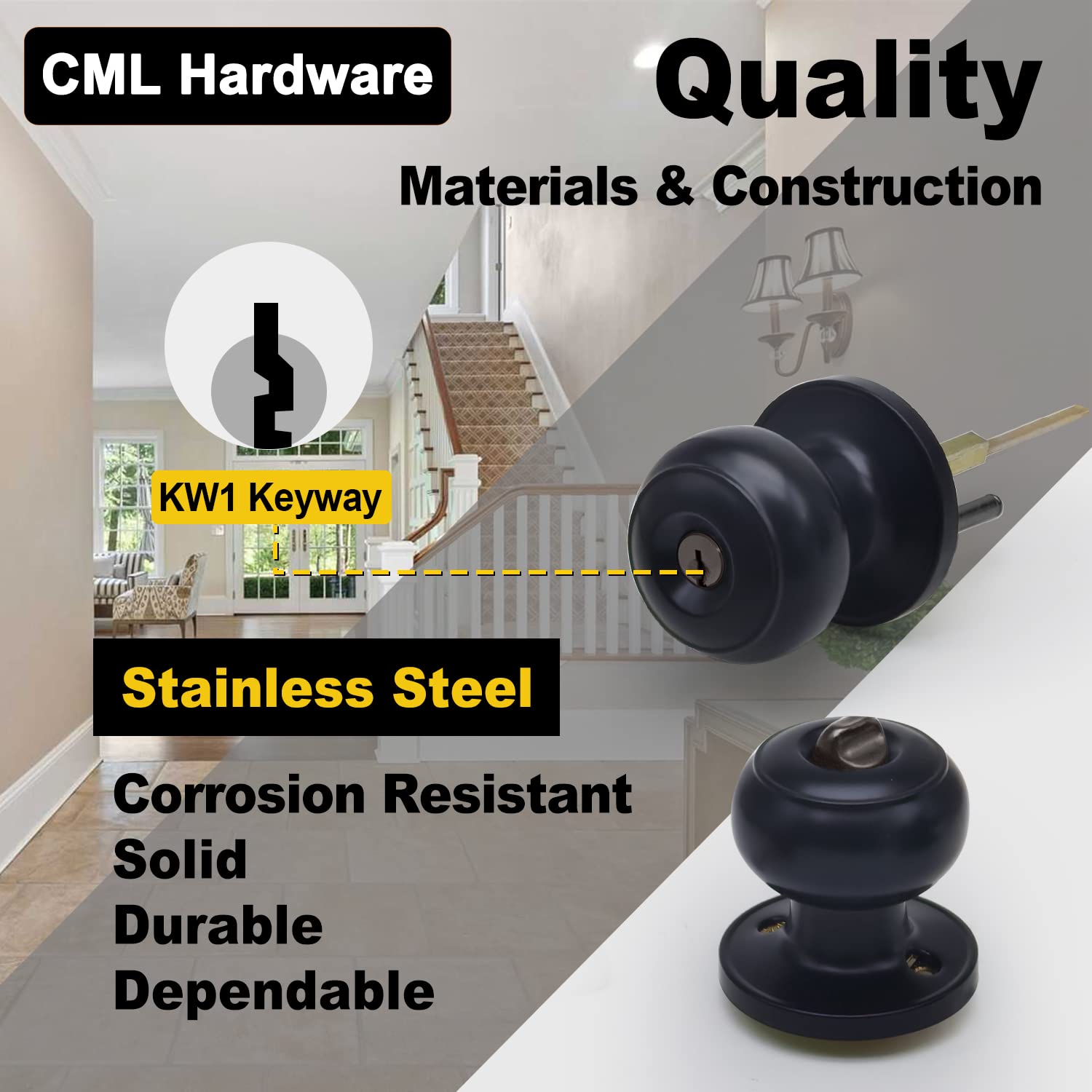 Matte Black Entry Door Knob with Lock - 2 Pack for Front/Back Doors