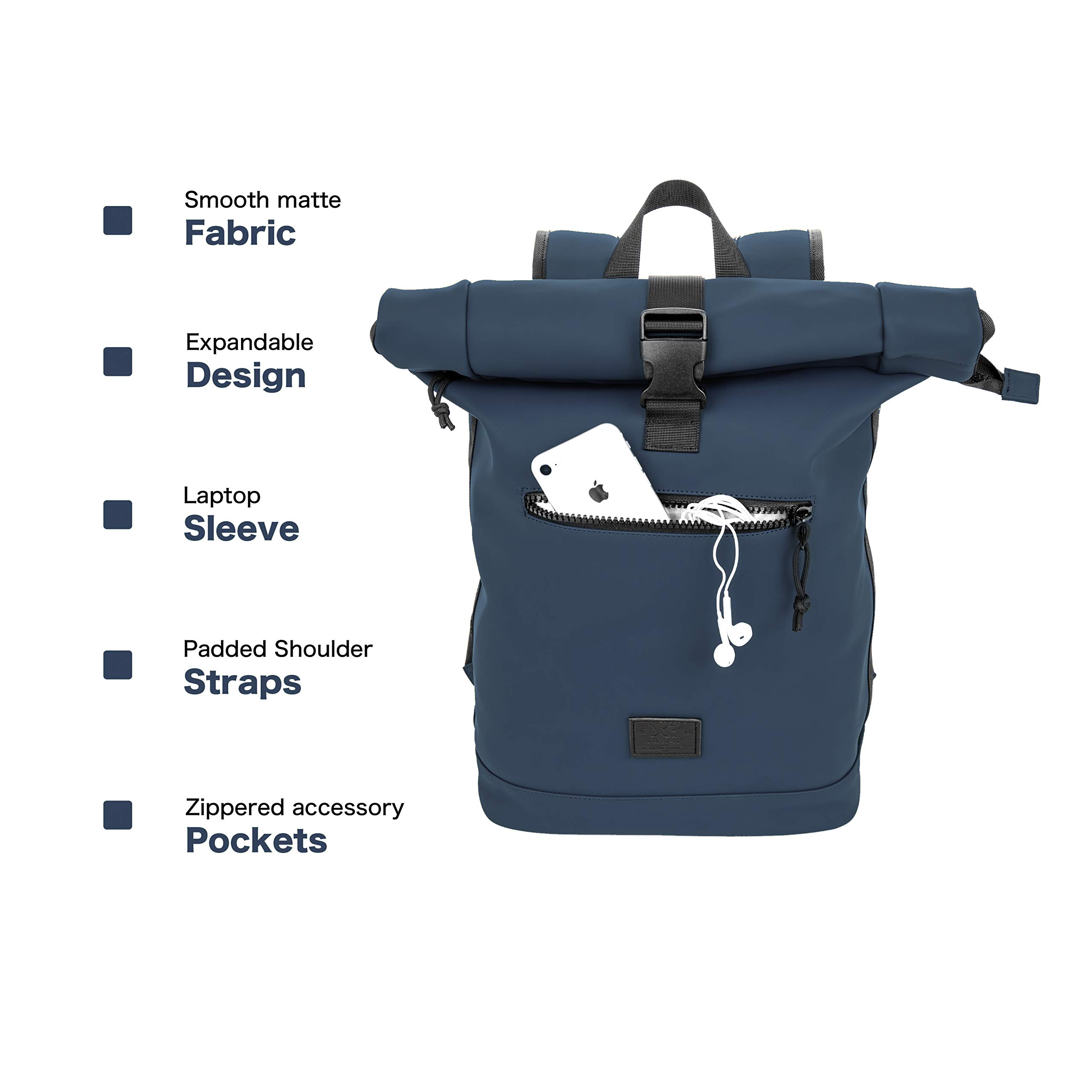 X RAY Roll Top Laptop Backpack for Men & Women - Waterproof PU Leather Expandable 22L Backpack with Adjustable Capacity, Fits 15.6 Inch Laptop (Navy) - Perfect for Work, Travel & College