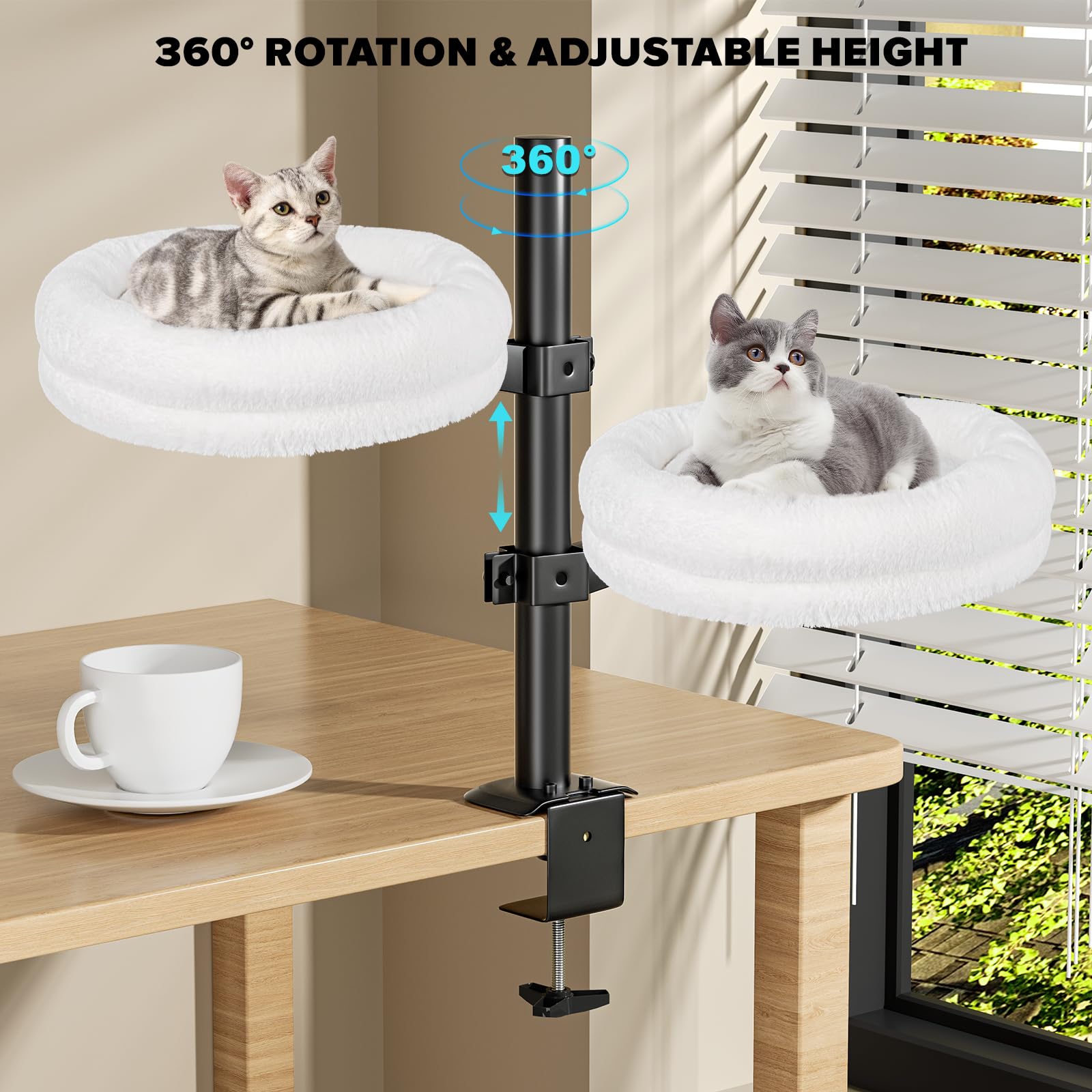 360° Rotating Adjustable Height Cat Desk Bed - Soft Comfortable Cat Perch Supports Up to 50 lbs, Round Cat Hammock for Office & Home Workspace (White) - Perfect for Napping While You Work