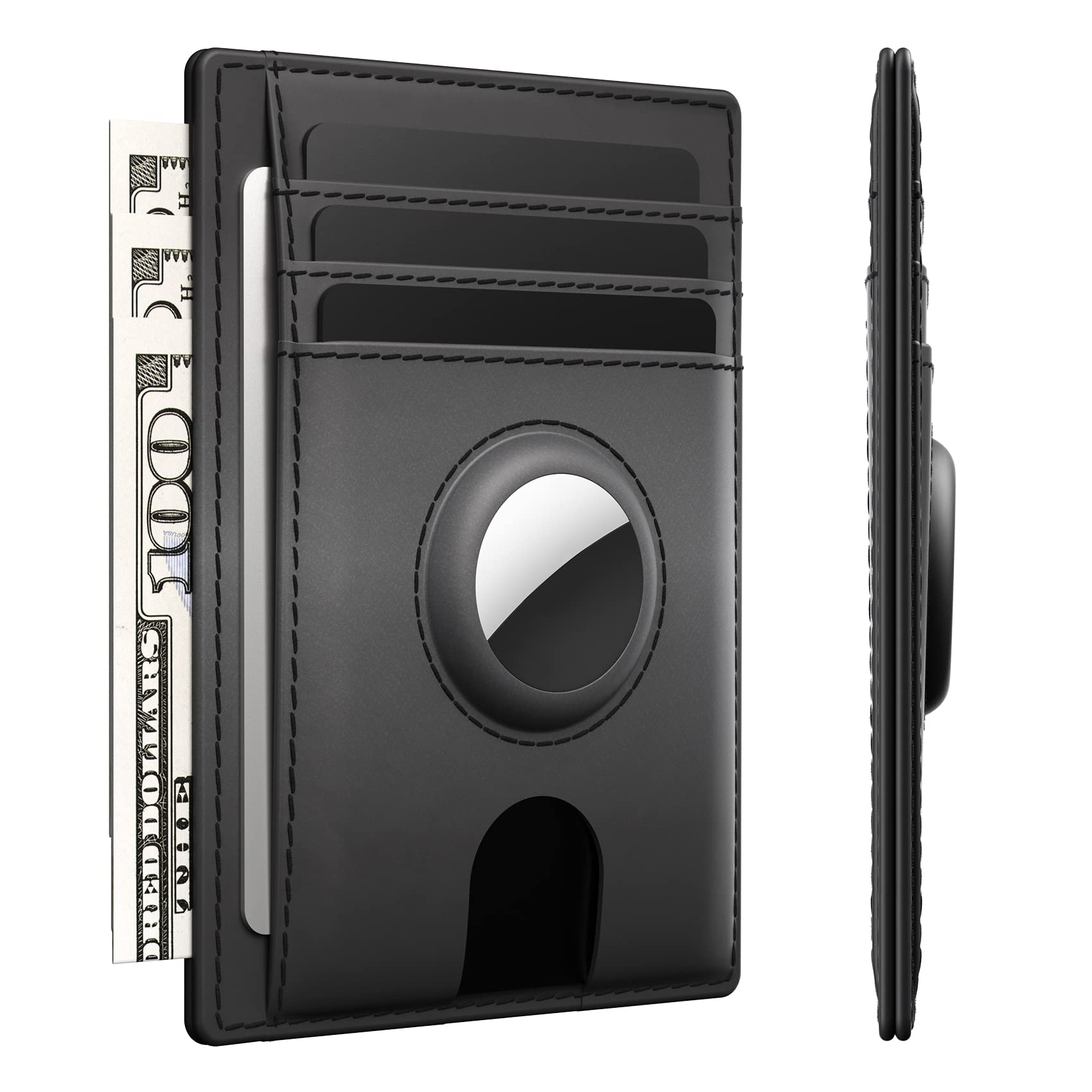 Slim Minimalist AirTag Card Wallet for Men - Premium Crazy Horse Leather Front Pocket Wallet with AirTag Holder & RFID Blocking - Compatible with Apple AirTag (Black) | Perfect for Travel, Everyday Carry & Secure Contactless Payments