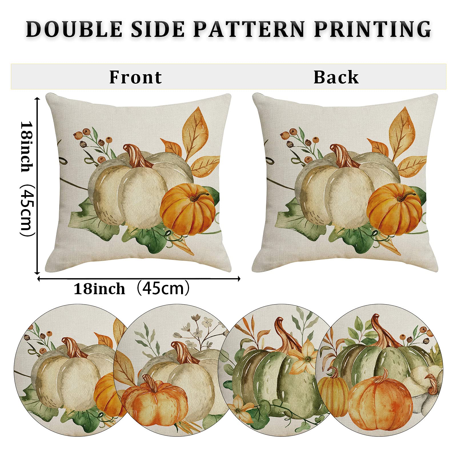 Fall Pumpkin Throw Pillow Covers Set of 4 - 18x18 Inch Autumn Thanksgiving Decorative Pillow Cases for Sofa, Couch, Bed - Cozy Home Decor for Living Room, Porch & Seasonal Holiday Decorations