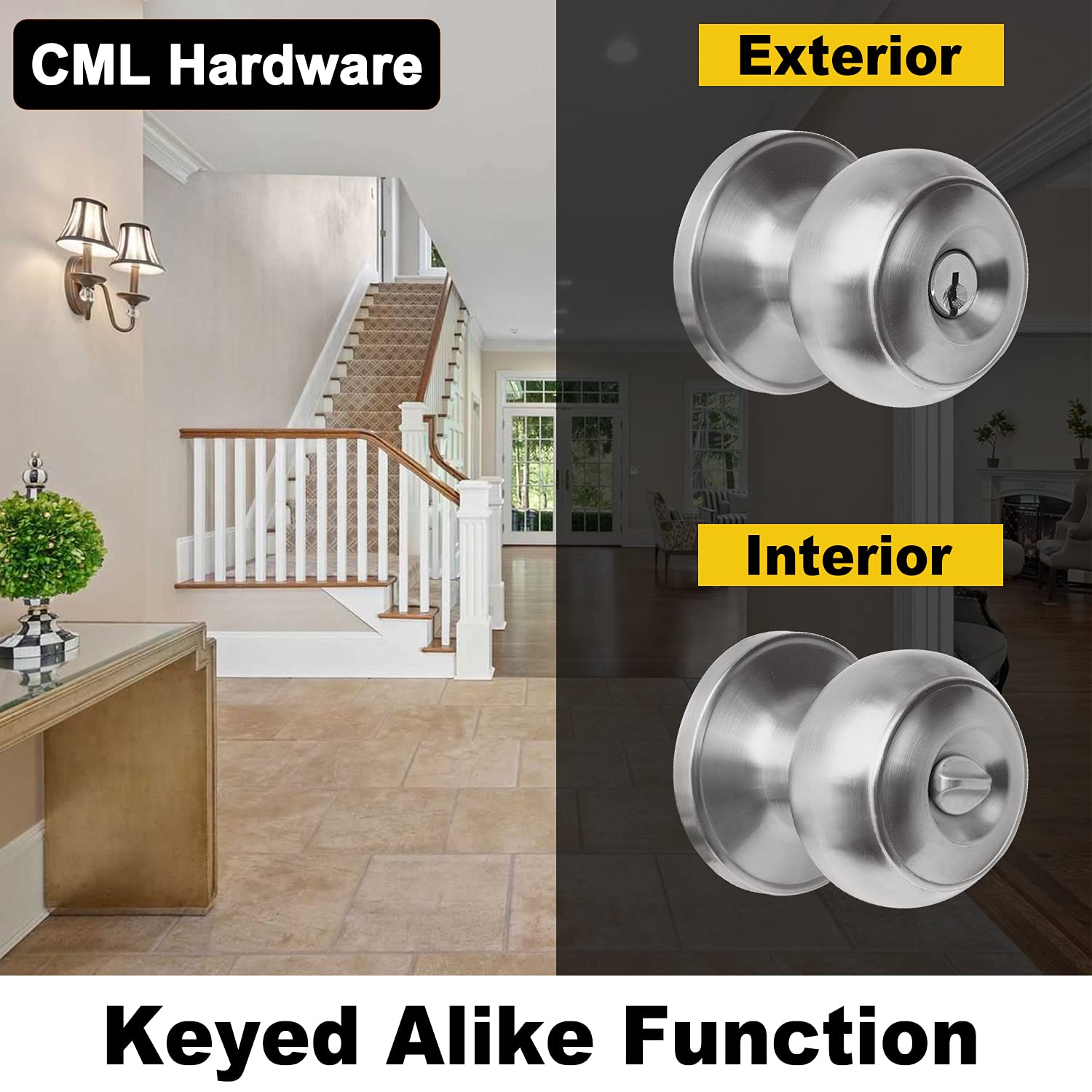 3-Pack Stainless Steel Keyed Alike Door Knob Set - Secure Entry & Front Door Locks for Home Safety