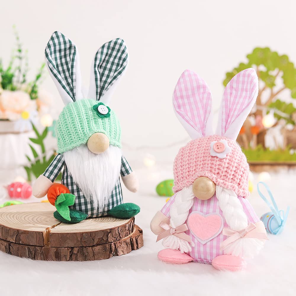 2Pcs Easter Bunny Gnomes - Spring Home Decor, Faceless Plaid Doll Shelf Sitters for Tiered Trays - Cute Easter Basket Fillers & Gift Ideas for Spring Party Decorations