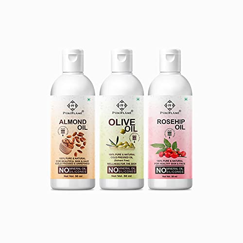 PuriFlame 100% Pure Almond Oil, Olive Oil & Rosehip Oil Combo Set - 50ML Each for Hair Growth, Anti Hair Fall, Split Ends Repair & Shiny Hair Treatment - Perfect for Daily Hair Care, Scalp Massage & DIY Beauty Recipes (Pack of 3)