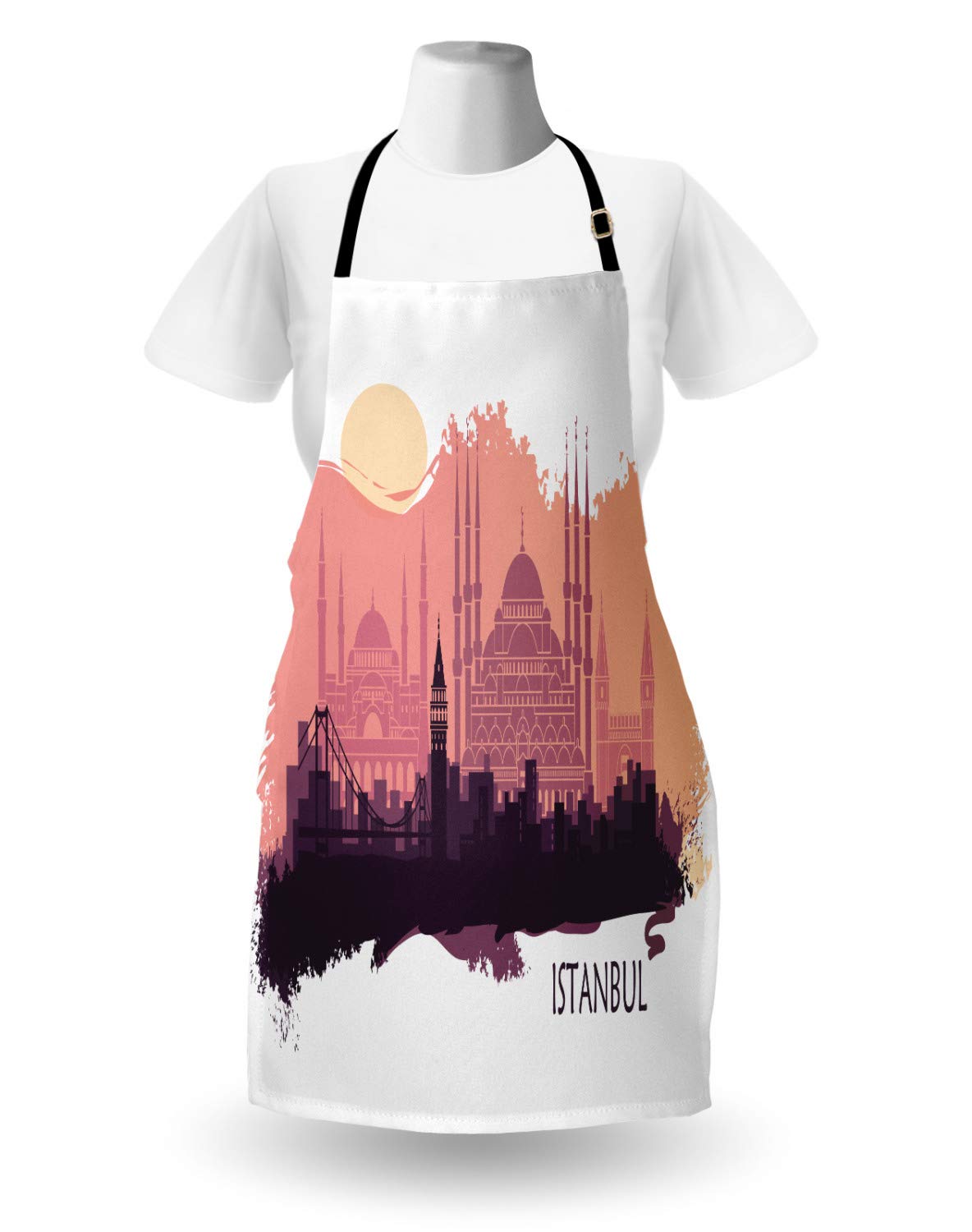 Ambesonne Unisex Travel Apron - Adjustable Neck Turkish City Landscape Design for Cooking, Baking, Gardening | Adult Size Coral Peach | Perfect for Home Chefs, Outdoor BBQs & DIY Enthusiasts