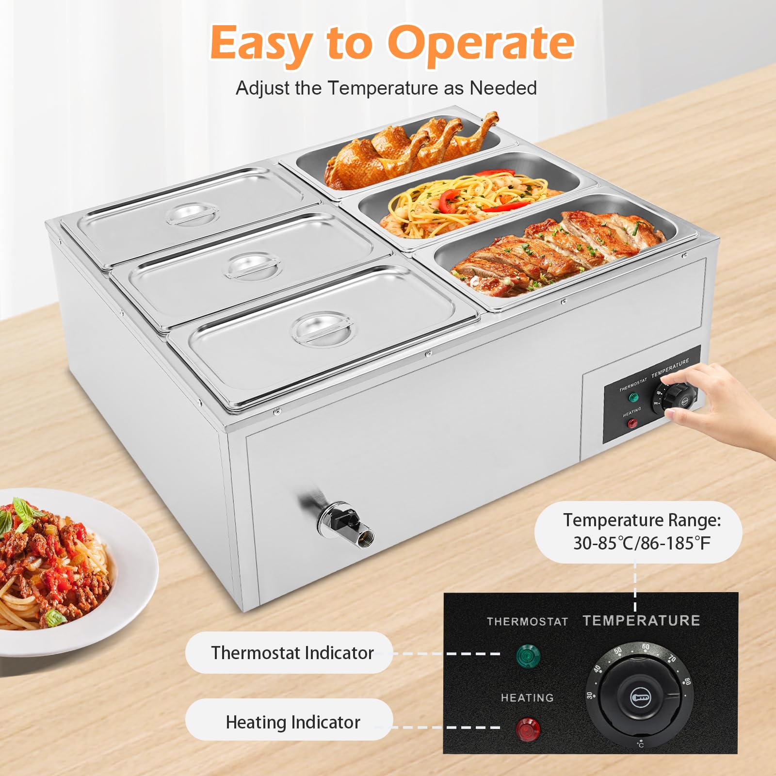 6-Pan Commercial Food Warmer Buffet Server - Stainless Steel Electric Food Warmer Tray with Adjustable Temperature - Perfect for Catering, Buffets, Restaurants and Party Food Serving