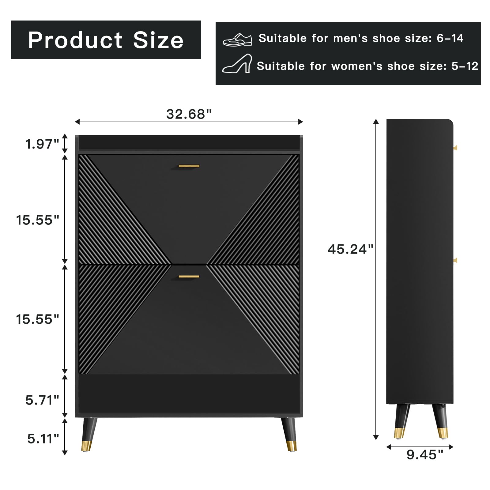 Slim Wooden Shoe Storage Cabinet with 2 Flip Drawers - Freestanding Shoe Organizer with Cubby and Shelf, Holds 24 Pairs - Hidden Narrow Shoe Rack for Entryway, Hallway, Closet, or Bedroom - Black