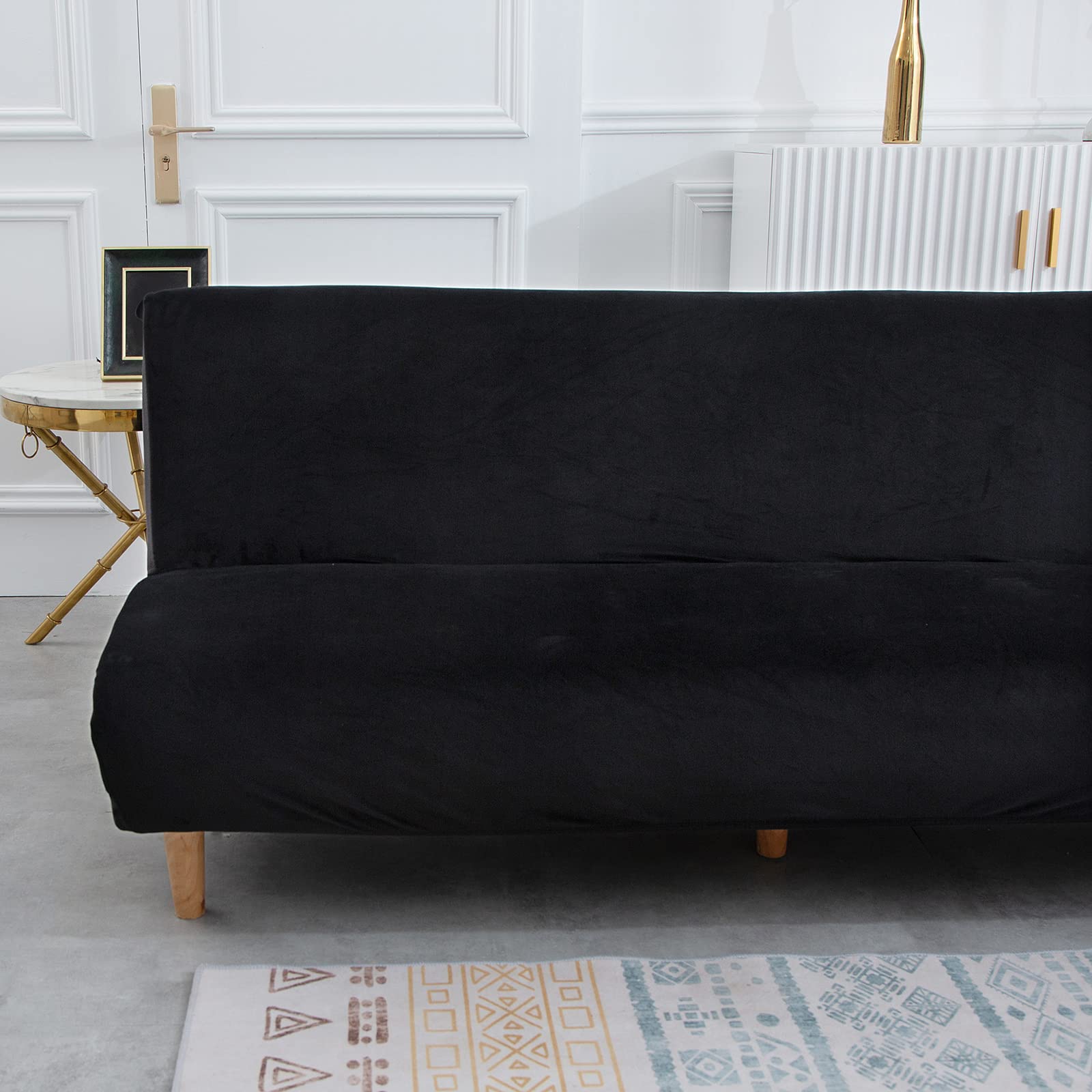 Velvet Stretch Armless Sofa Cover - Elastic Washable Futon Slipcover for Folding Sofa Bed, Furniture Protector Without Armrests (Black) | Perfect for Living Room, Dorm, Apartment & Guest Room Decor