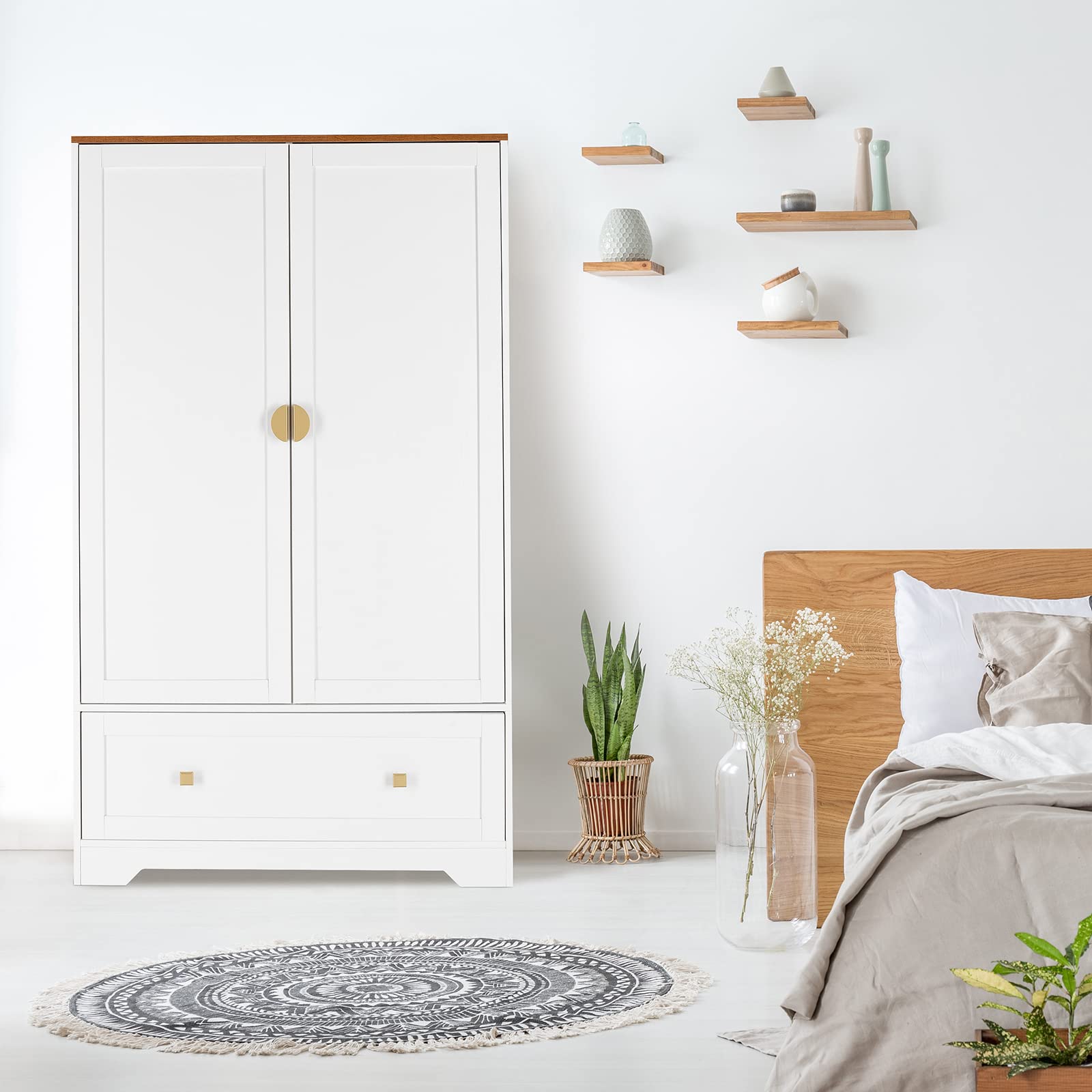 VINGLI 38 Inch Wide White Armoire Wardrobe with Hanging Rod, Shelves & Drawer - Freestanding Closet Organizer for Bedroom, Dorm, Apartment - 21