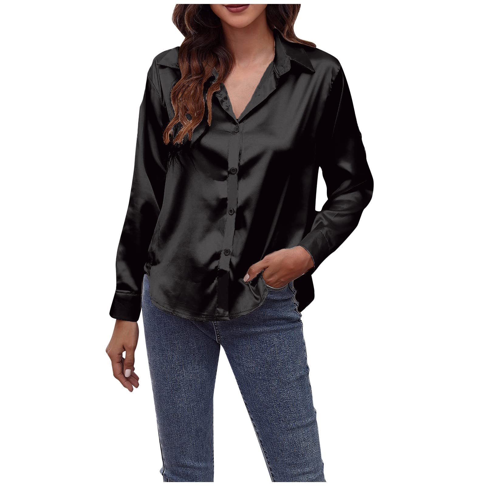NaRHbrg Women's Button Down Satin Long Sleeve Blouse - Casual Office Work Tunic Top for Business, Holiday & Going Out | Perfect for Workwear, Date Night & Special Occasions