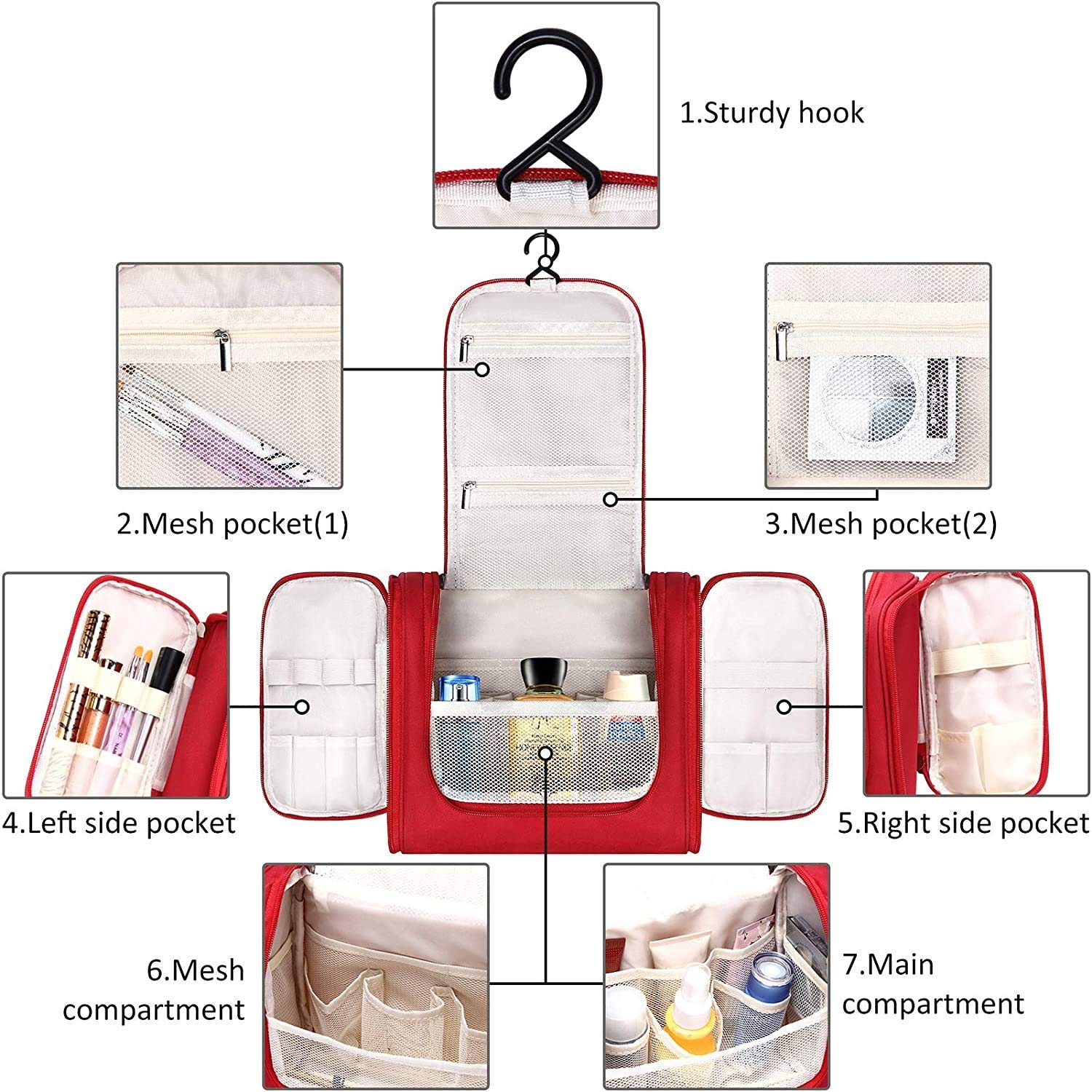 Extra Large Multifunctional Travel Bag for Women | Waterproof Cosmetic & Toiletry Organizer | Makeup Case with Multiple Compartments | Perfect for Airplane, Gym & Vacation (Red)