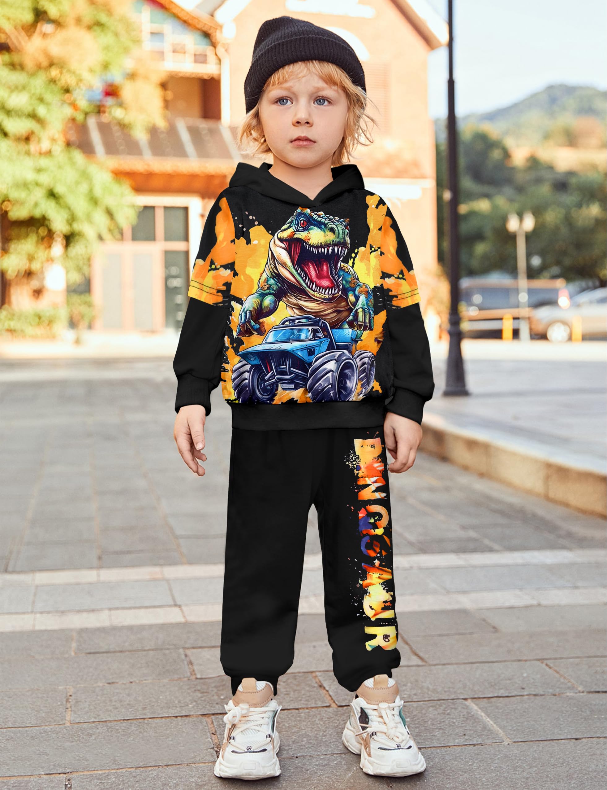 Dinosaur Printed Toddler Boys Clothes Set 3-7 Years - Long Sleeve Hoodie & Pants Outfit for Playtime, School & Outdoor Activities