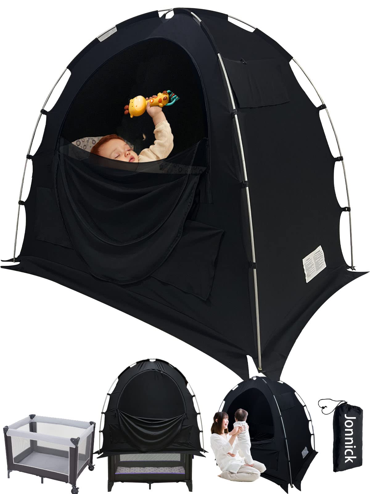 **Jonnick Ultra Blackout Slumber Tent for Pack N Play – 90% Light Blocking Crib Canopy Cover, Portable Stretchy Netting Travel Pod for Infants with Monitor Pouch – Perfect for Nursery, Travel & Daycare Use**