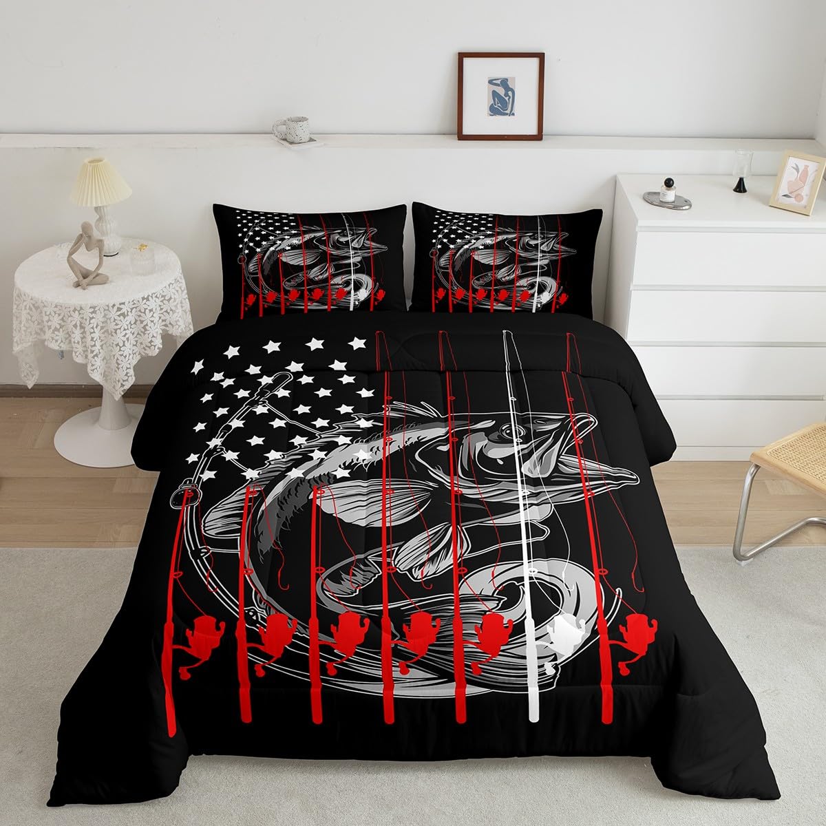 American Flag Fishing Comforter Set - Bass & Pike Fish Design, Twin Size Duvet with Pillowcase for Kids & Teens - Perfect for Hunting & Fishing Enthusiasts, Bedroom Decor, and Outdoor Adventure Themed Rooms