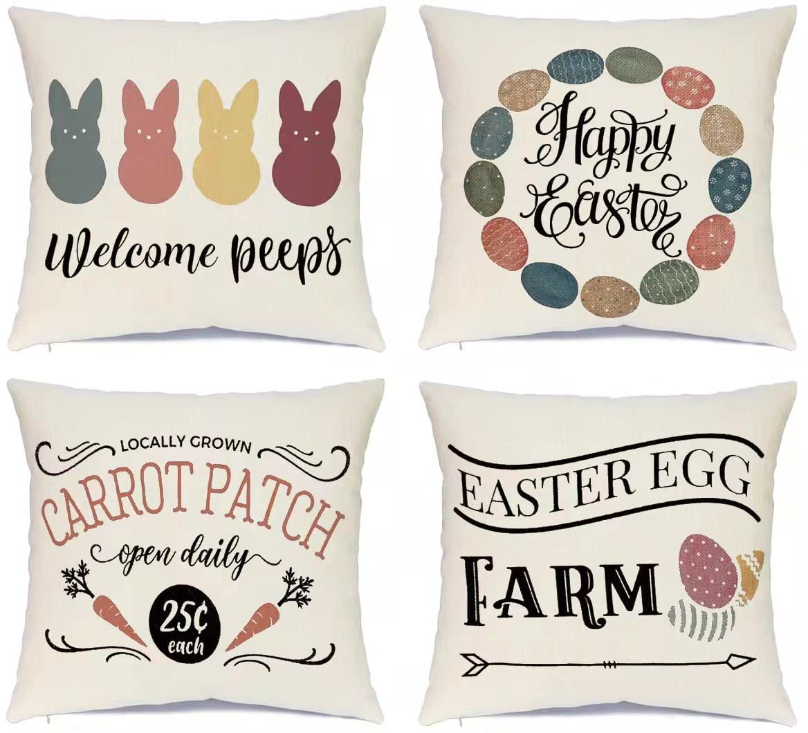 Ueerdand Easter Pillow Covers Set of 4 - 20x20 Inch Farmhouse Bunny & Egg Decorative Cushion Cases for Sofa, Couch, Bed - Perfect for Spring Home Decor, Easter Party, and Seasonal Living Room Accents