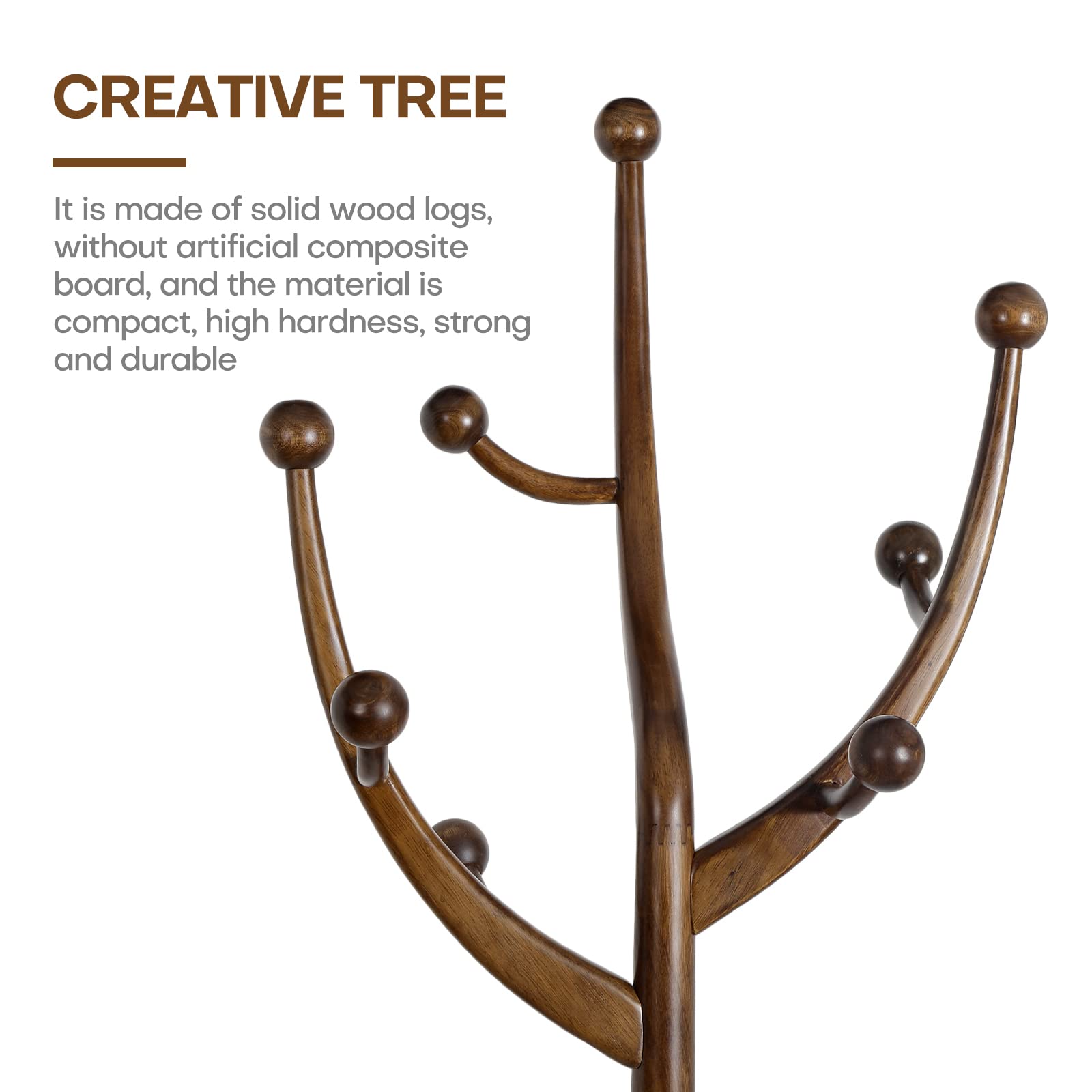 Freestanding Wood Coat Rack with 8 Hooks - Sturdy Tree Branch Design Clothes Hanger Stand (160lb Capacity) for Entryway, Hallway, Bedroom - Perfect for Organizing Jackets, Hats, Bags & Scarves in Walnut Finish