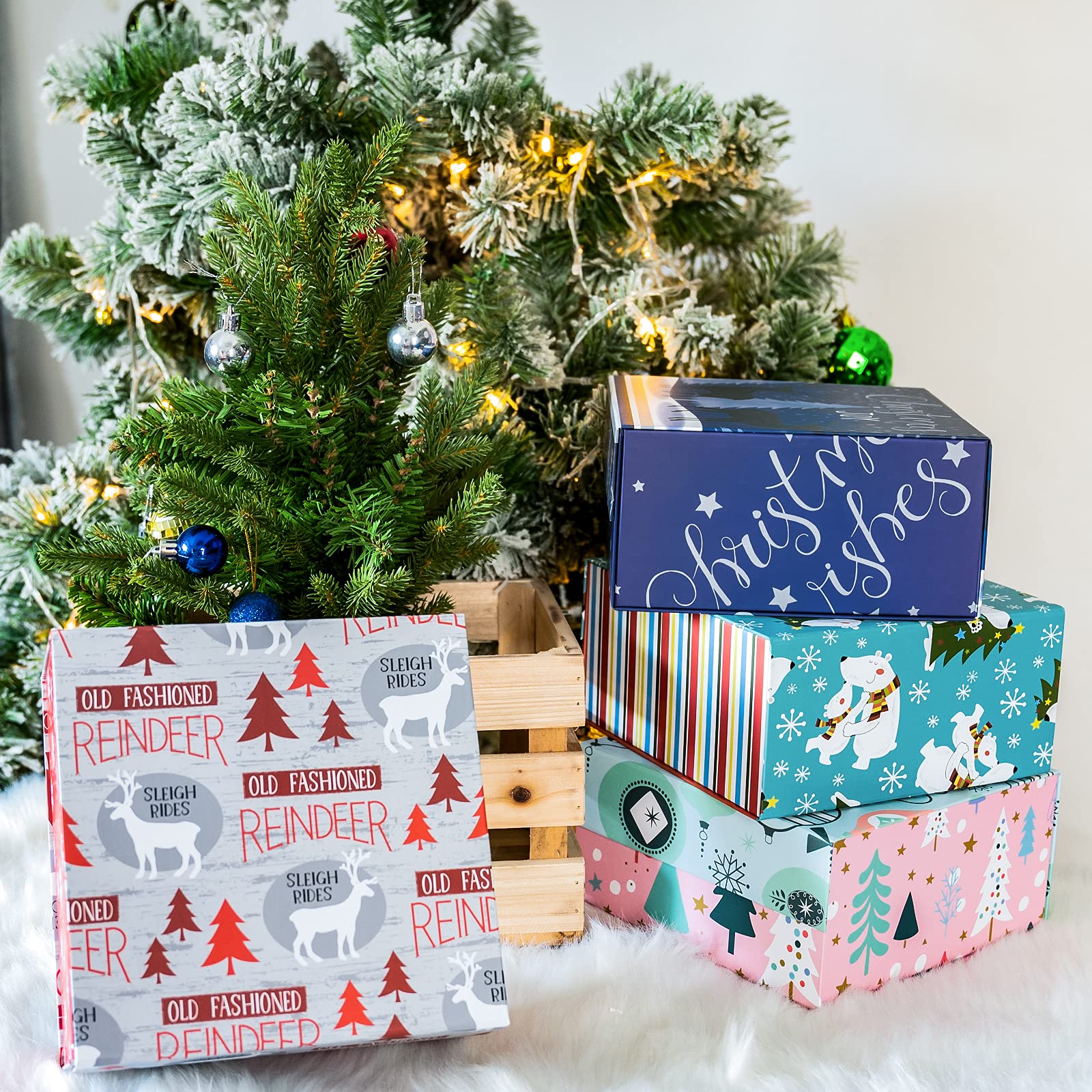 WRAPAHOLIC Christmas Gift Box with Lid - 8x8x4 Inch Pink & Blue Ornament Design Collapsible Box with Magnetic Closure & 2 Tissue Papers | Holiday Present Wrapping, Party Favors, Wedding Decorations