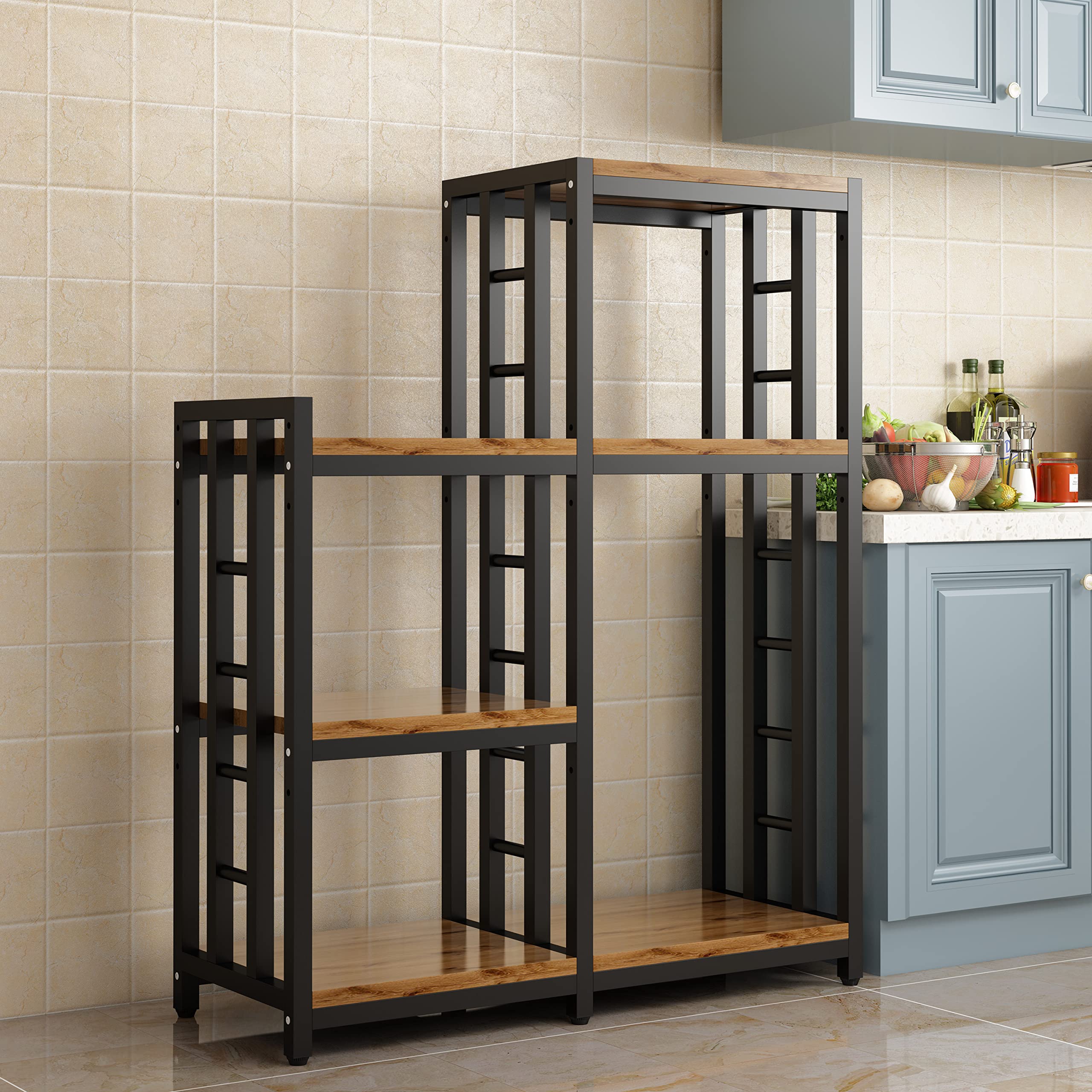 4-Tier + 3-Tier Kitchen Bakers Rack - Rustic Brown Free Standing Storage Shelf Organizer for Spices, Utensils & Microwave - Perfect for Small Kitchens, Pantry Organization & Baking Workstation