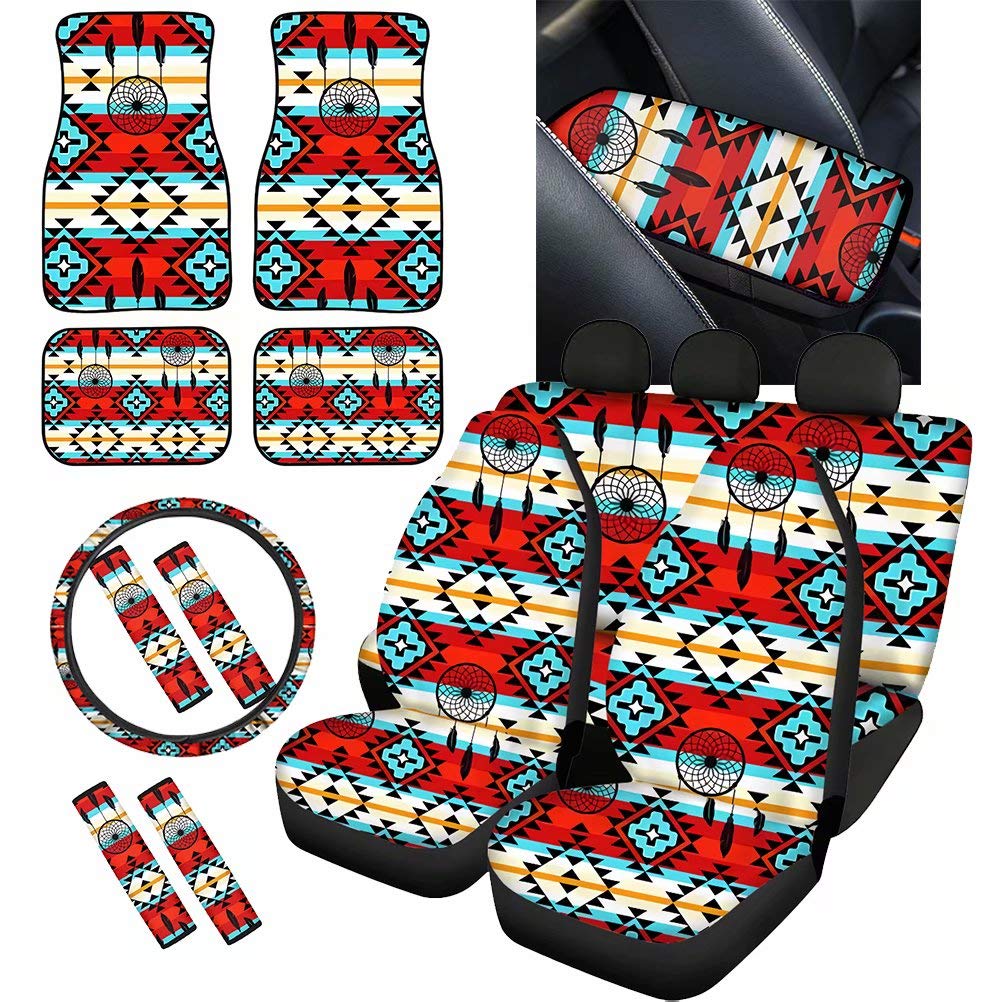 Premium Red Dreamcatcher Car Seat Covers Full Set - 13pc Auto Accessories with Floor Mats, Seat Belt Pads, Steering Wheel Cover & Armrest Cushion | Boho Chic Interior Upgrade for SUV, Sedan, Truck | Perfect Gift for Car Lovers & Road Trips