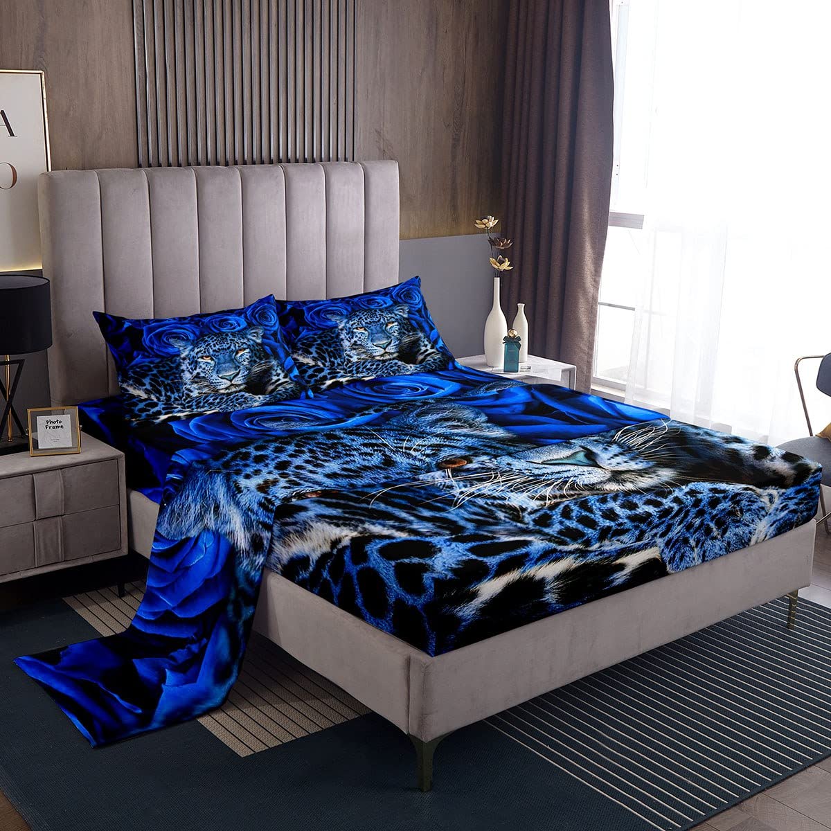 Feelyou Leopard Print Bedding Set - Safari Cheetah Pattern Comforter Cover for Kids, Boys & Girls - Breathable Twin Size Wild Animal Bed Sheets with Blue Rose Design - Perfect for Jungle Themed Bedrooms & Teen Room Decor