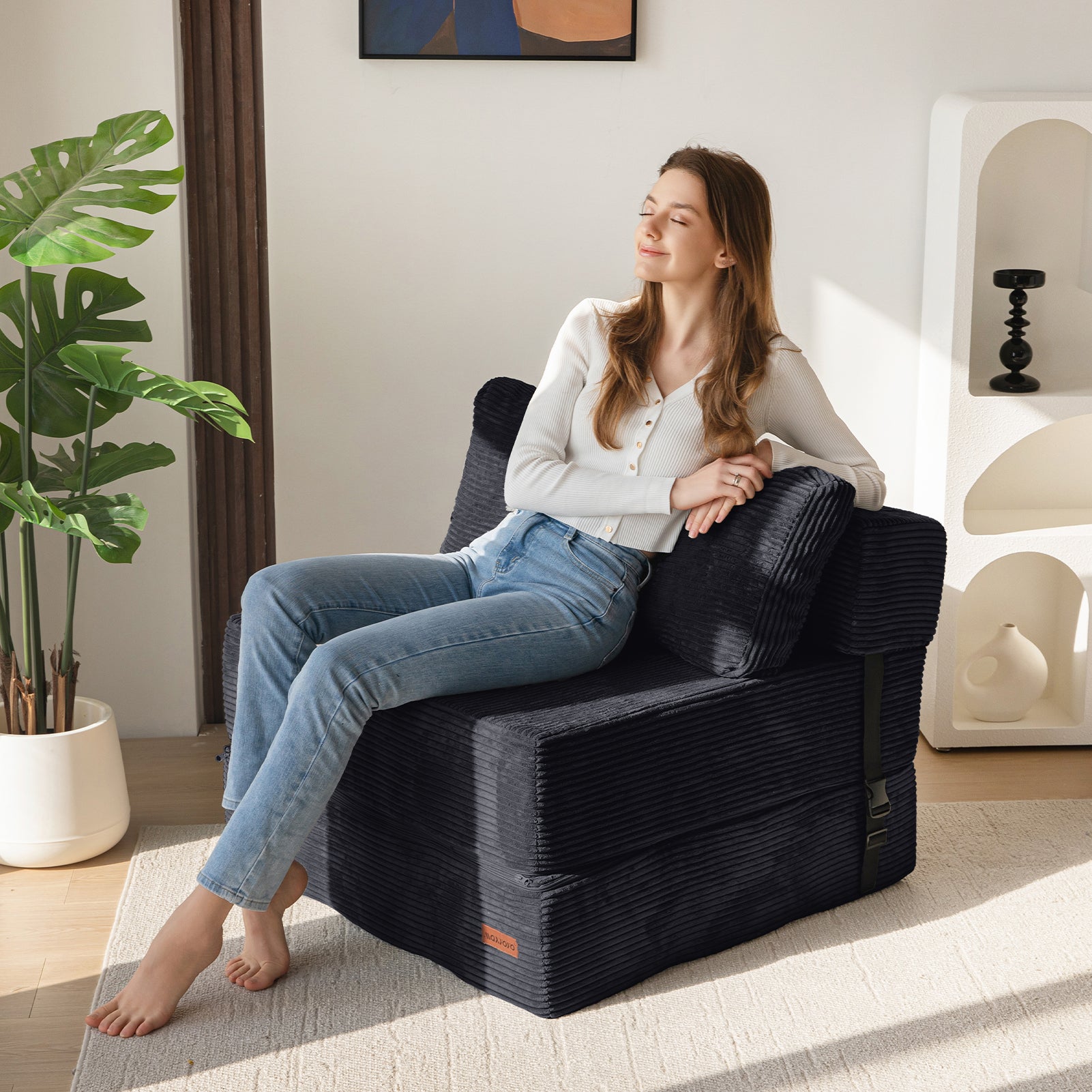 MAXYOYO Folding Sofa Bed - Convertible Sleeper Sofa with High Density Support Foam for Small Spaces, Guest Room & Studio Apartments - Perfect for Living Room, Bedroom & Office - Black