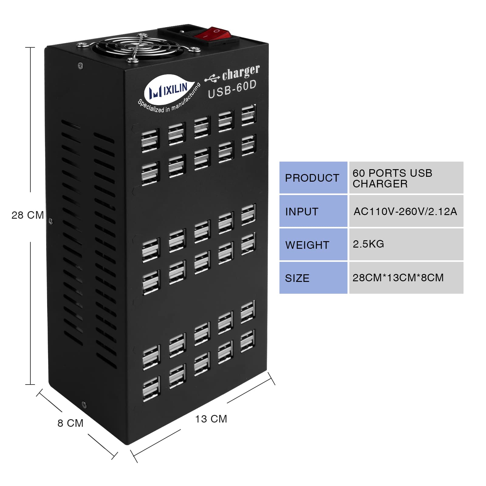 60-Port USB Charging Station 300W/60A with Intelligent Protection - Multi-Port USB Hub for Smartphones, Tablets, iPads - Perfect for Schools, Hotels, Offices & Home Charging Needs