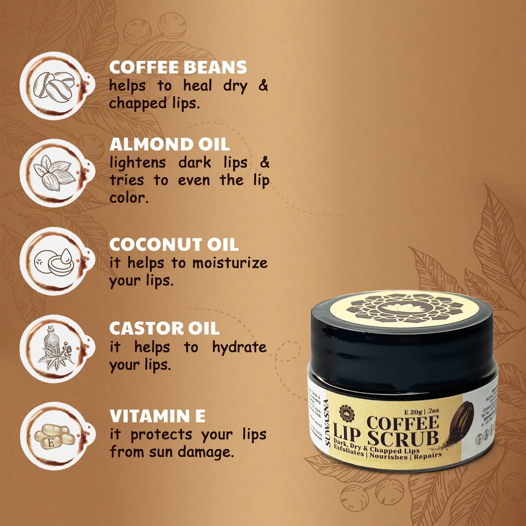 Suwasna Coffee Lip Scrub for Dry, Chapped & Dark Lips - Natural Exfoliating Treatment for Lip Brightening & Soft Pink Lips (20g) | Perfect for Winter Care & Pre-Makeup Lip Prep