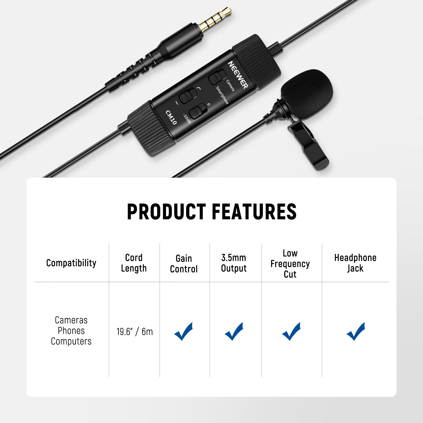 NEEWER CM10 Plug & Play 3.5mm TRRS Lavalier Microphone for DSLR Camera, Smartphone, YouTube Videos & Podcasting - Compact Clip-On Mic for Vlogging, Interviews & Live Streaming