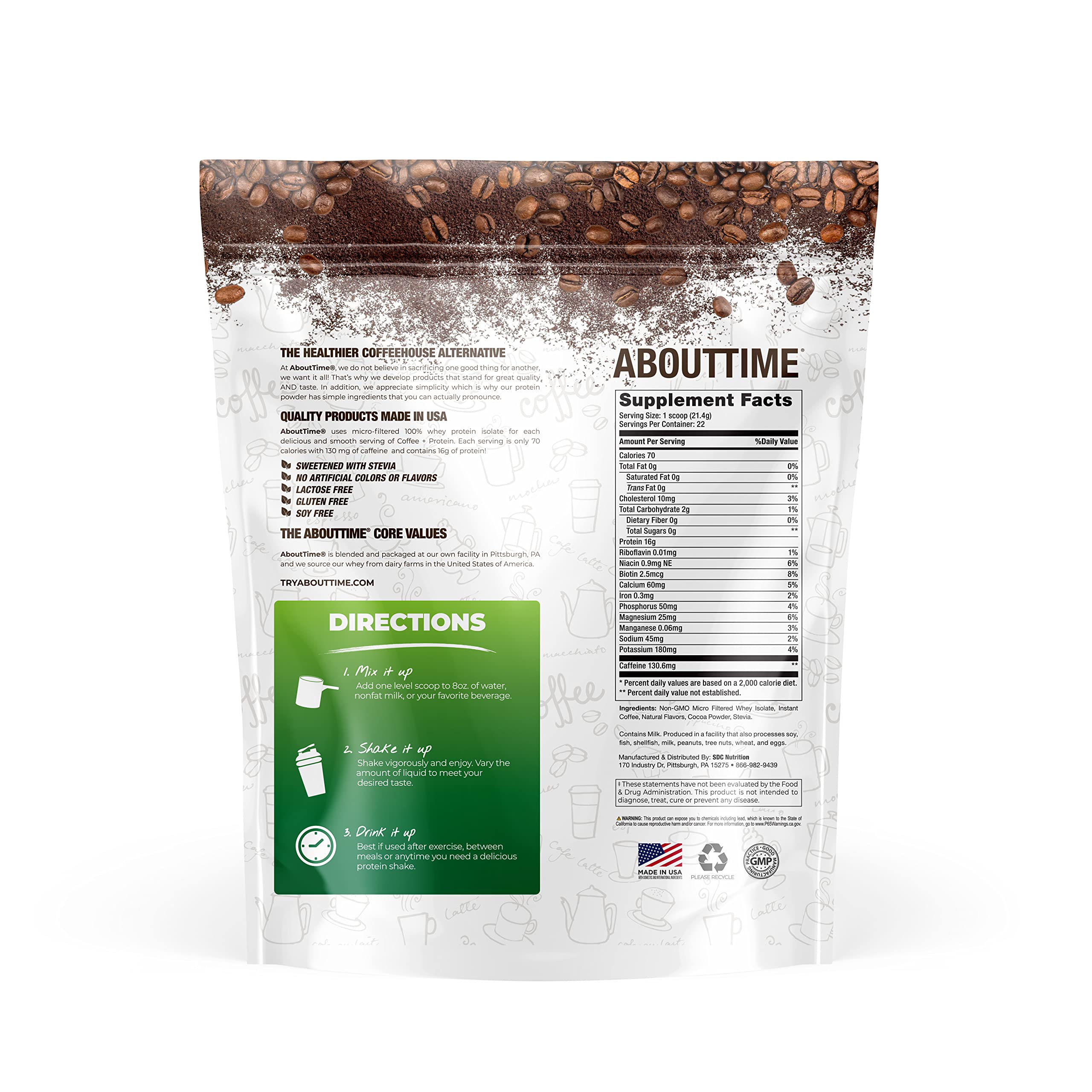 About Time Coffee + Whey Protein Powder | Non-GMO, All Natural, Lactose & Gluten Free | 16g Protein Per Serving | 1.03lb Jar, Coffee Mochaccino Flavor | Perfect for Post-Workout Recovery & Morning Energy Boost