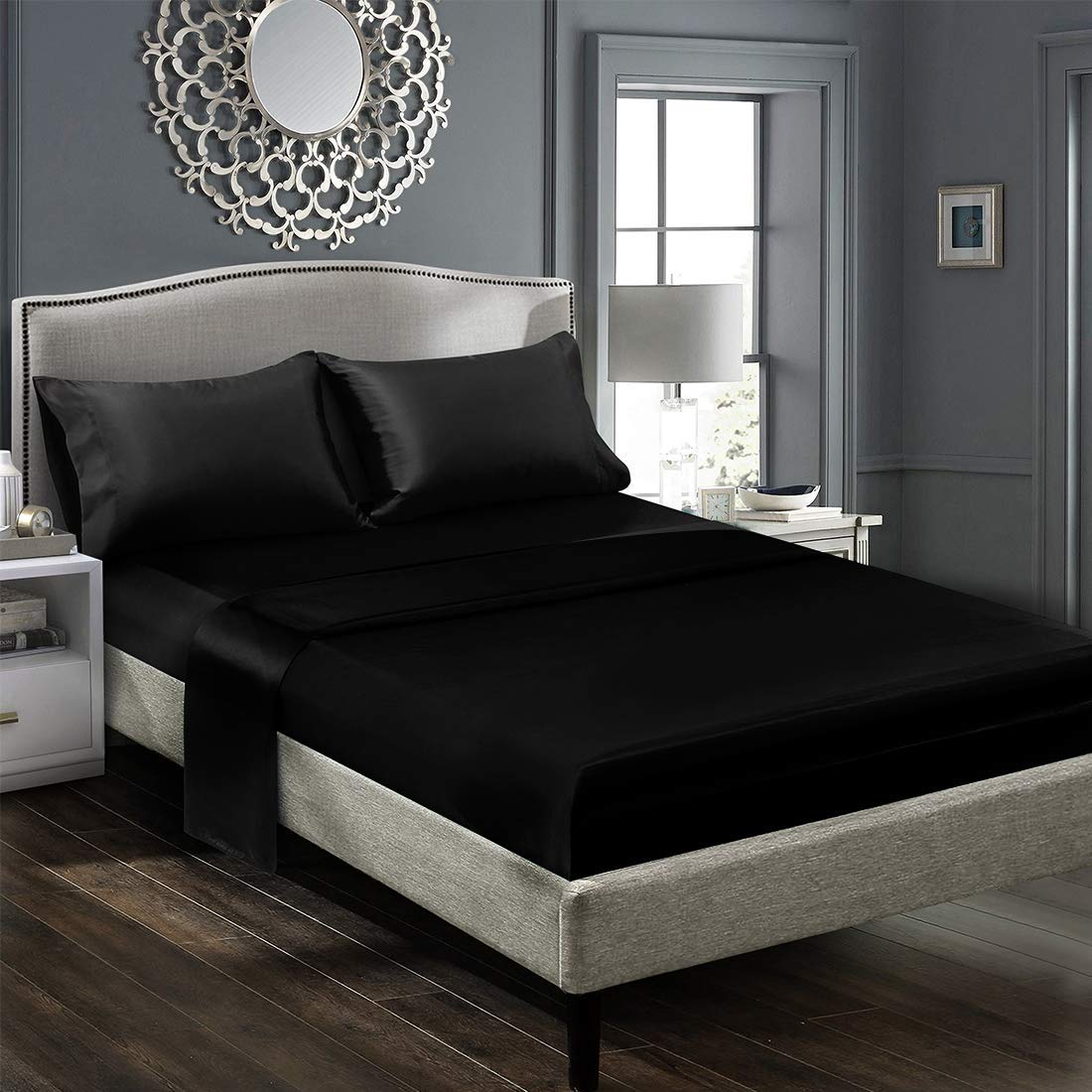 Luxury 4-Piece King Size Satin Bed Sheet Set - 100% Pure Satin, High Thread Count, Silky Soft & Smooth - Black Satin Sheets with 12