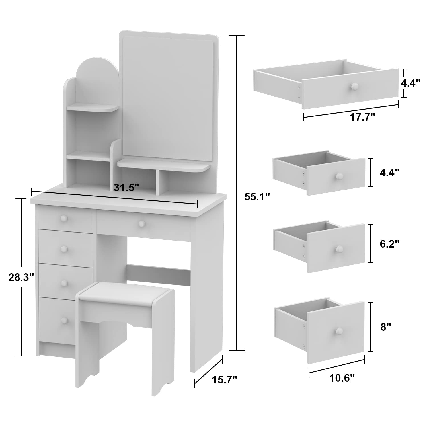 AIEGLE White Vanity Desk Set with Rectangular Mirror - Makeup Dressing Table with Shelves & Cushioned Stool, Perfect for Bedroom, Bathroom or Dressing Room Organization