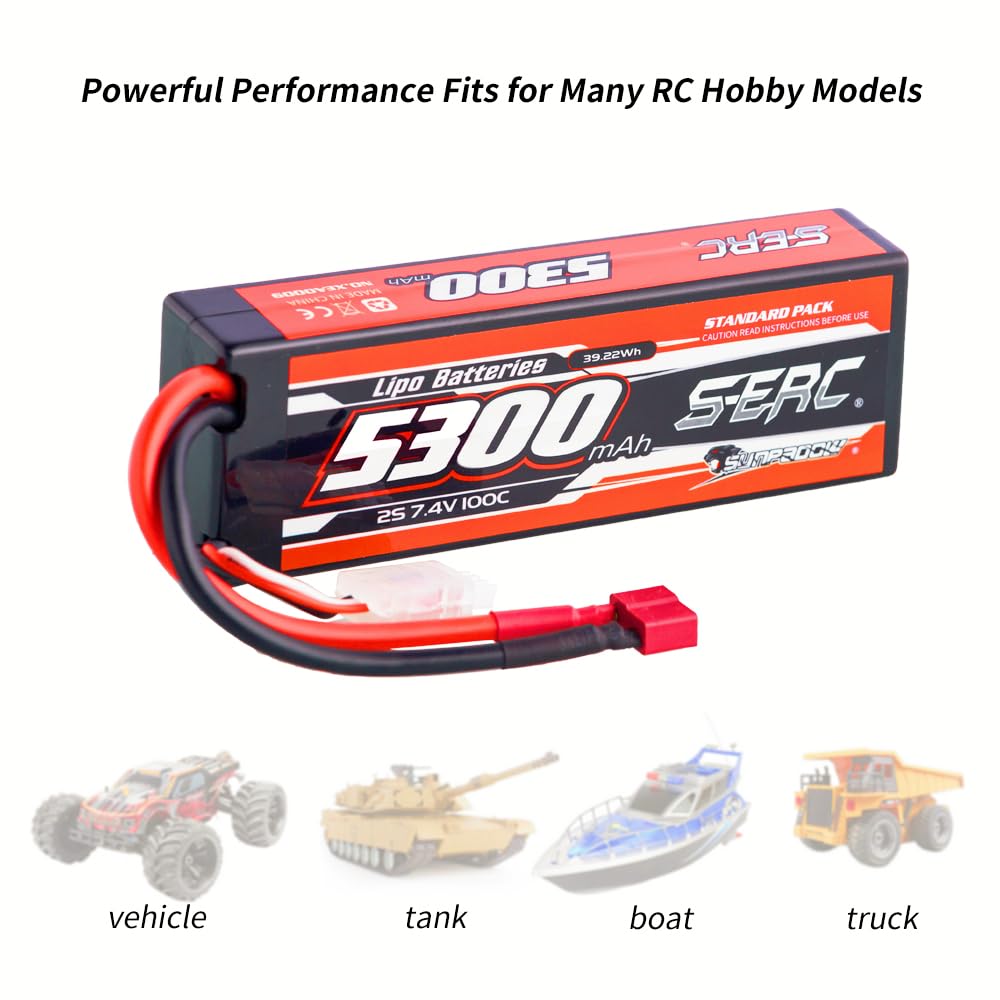 SUNPADOW 2S Lipo Battery 7.4V 5300mAh 100C Hard Case with Deans T Connector - Rechargeable RC Battery for RC Cars, Trucks, Buggies, Truggies and Tanks (2 Pack) - Perfect for High-Speed Racing, Off-Road Bashing and RC Vehicle Power Supply