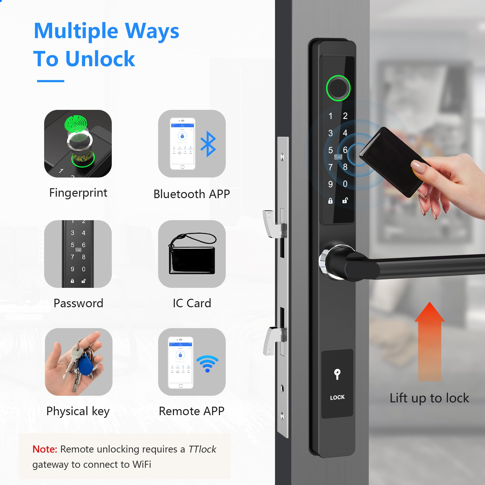 Smart Sliding Glass Door Lock - Waterproof Keyless Entry with WiFi, Bluetooth & Fingerprint - Aluminum Digital Keypad Mortise Lock with Handle (Black, Large) - Perfect for Patio, Balcony & Home Security