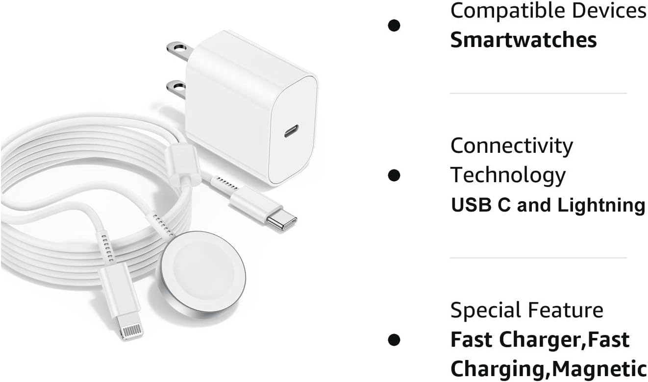 2 in 1 Magnetic Fast Charging Cable for Apple Watch & iPhone - 6ft USB-C Charger with 20W Power Adapter - Compatible with Apple Watch Ultra/Series 9/8/7/6/5/4/3/SE & iPhone 14/13 (White) - Perfect for Travel, Office and Home Charging