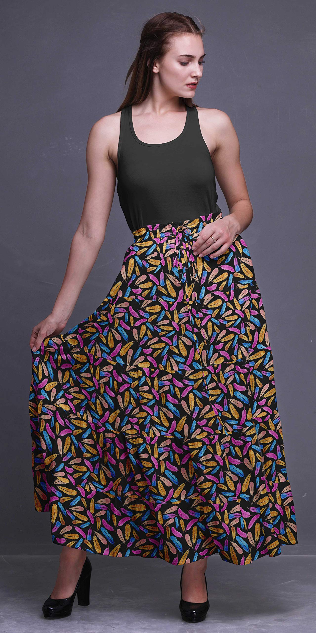 Boho Printed Long 5-Tier Cotton Skirt for Women - Flowy Maxi Skirt with Elastic Waistband for Beach, Vacation & Summer Outfits
